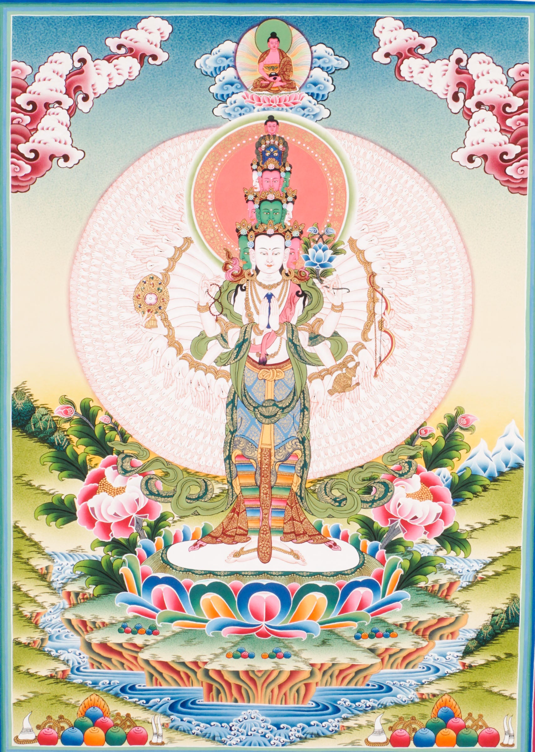 Experience the compassion of Avalokiteshwor, also known as Kannon, Gwaneum, or Quan Âm, the Bodhisattva of Mercy. This hand-painted Tibetan Buddhism thangka is ideal for home decor, radiating peace, love, and spiritual presence..