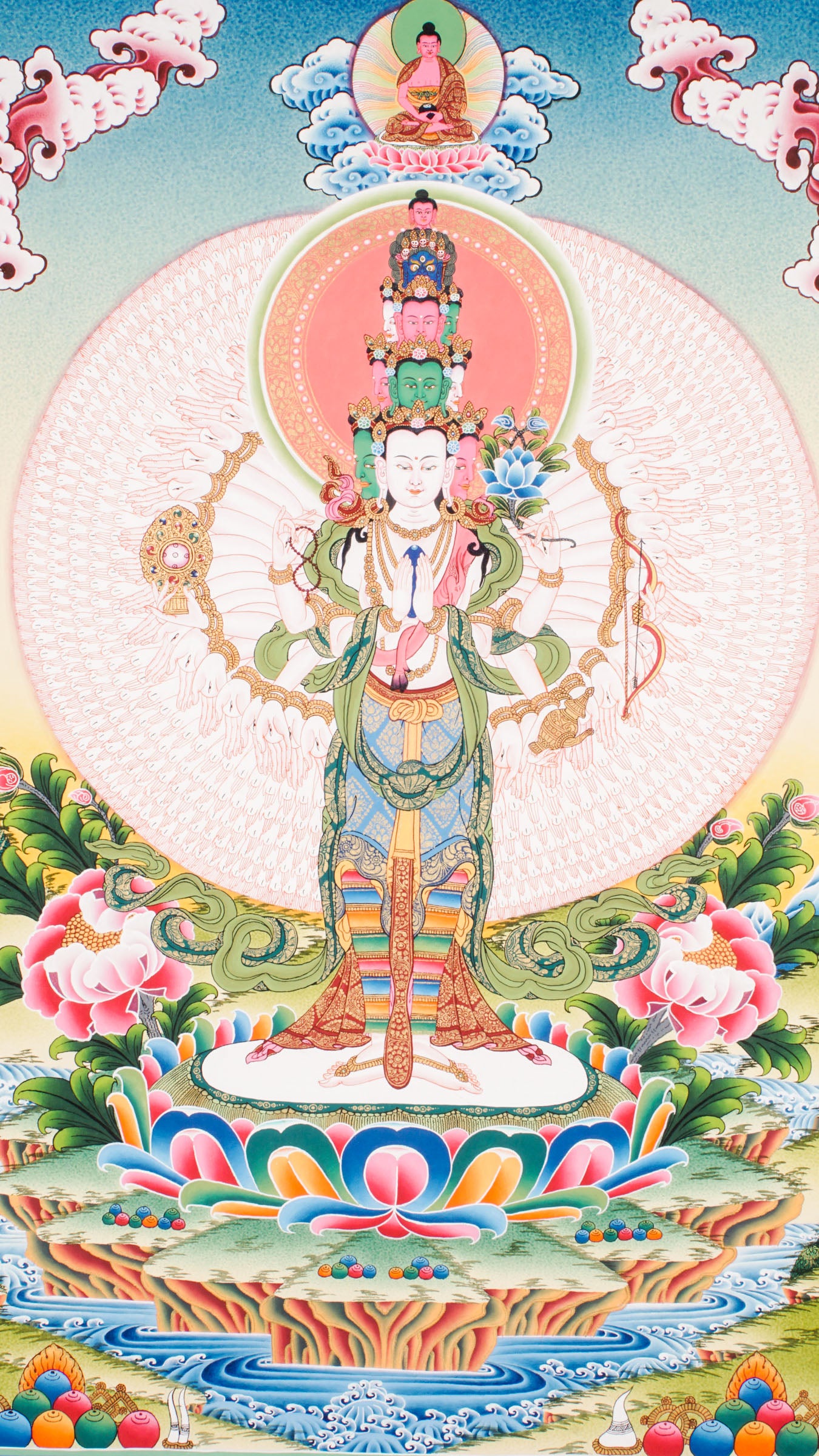 Experience the compassion of Avalokiteshwor, also known as Kannon, Gwaneum, or Quan Âm, the Bodhisattva of Mercy. This hand-painted Tibetan Buddhism thangka is ideal for home decor, radiating peace, love, and spiritual presence.