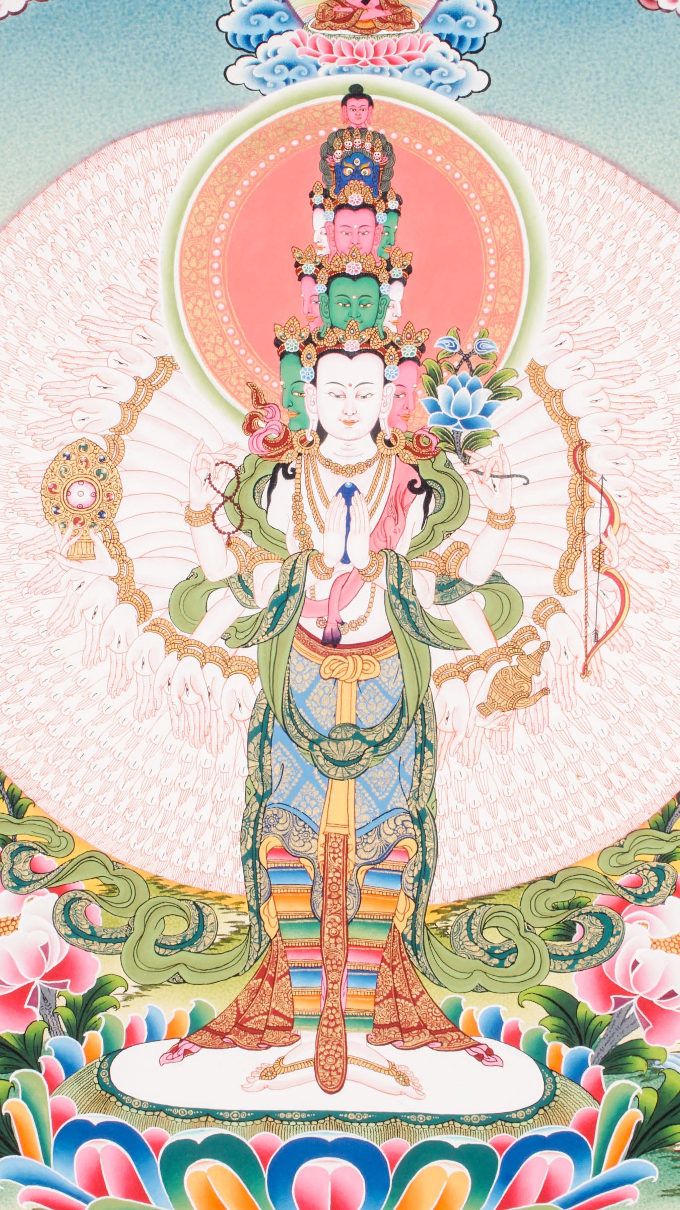 Experience the compassion of Avalokiteshwor, also known as Kannon, Gwaneum, or Quan Âm, the Bodhisattva of Mercy. This hand-painted Tibetan Buddhism thangka is ideal for home decor, radiating peace, love, and spiritual presence.