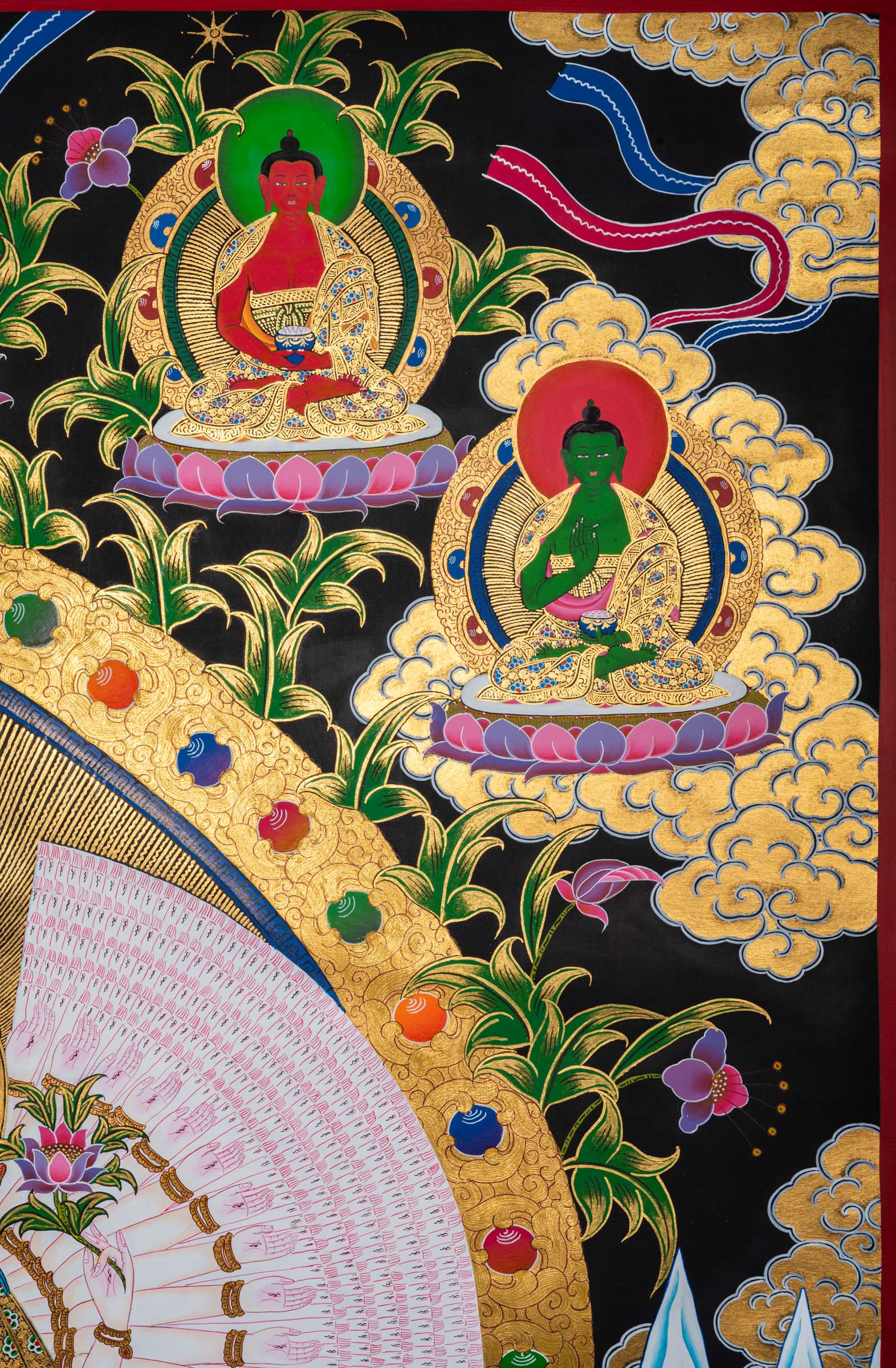 Open your heart to compassion with this exclusive Avalokiteshvara Thangka. Featuring the Bodhisattva with symbolic arms and sacred items, it brings compassion, peace and protection to your space. 