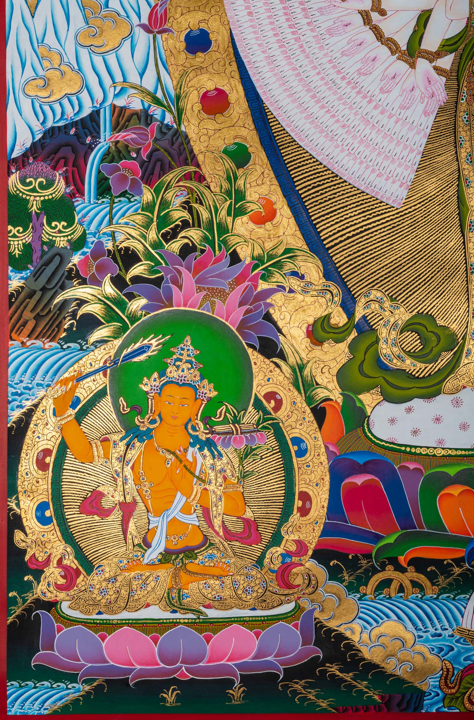 Open your heart to compassion with this exclusive Avalokiteshvara Thangka. Featuring the Bodhisattva with symbolic arms and sacred items, it brings compassion, peace and protection to your space. 
