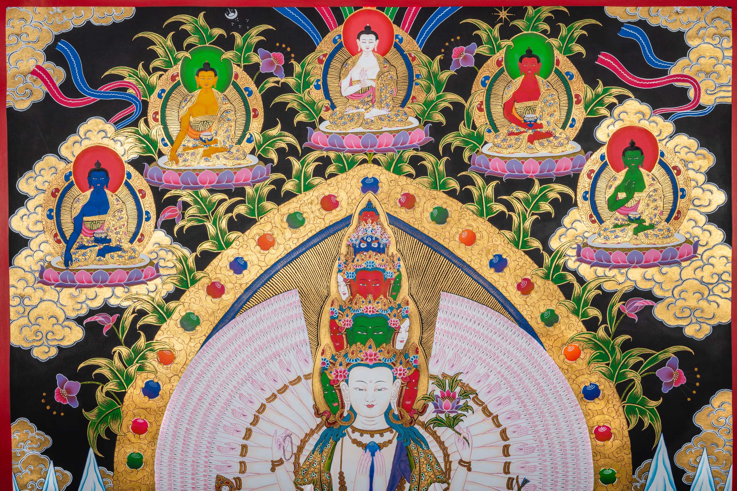 Open your heart to compassion with this exclusive Avalokiteshvara Thangka. Featuring the Bodhisattva with symbolic arms and sacred items, it brings compassion, peace and protection to your space. 