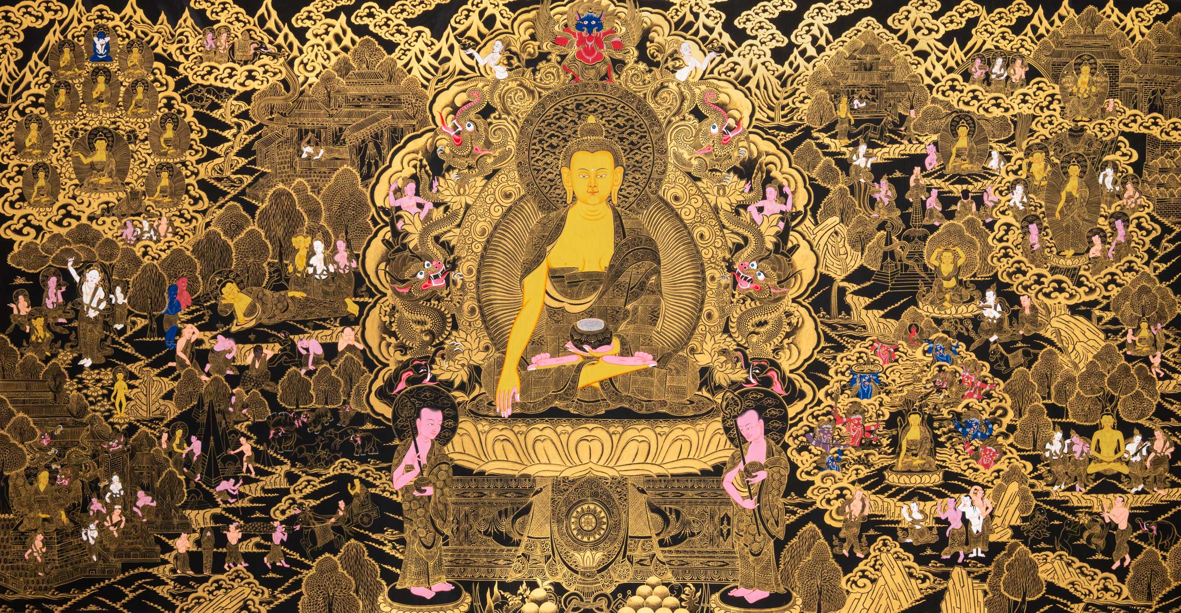 Buddha Life Thangka - a beautifully Black and gold hand-painted sacred artwork 