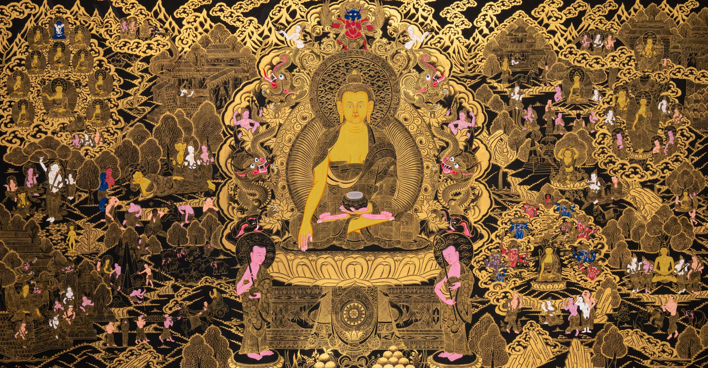 Buddha Life Thangka - a beautifully Black and gold hand-painted sacred artwork 