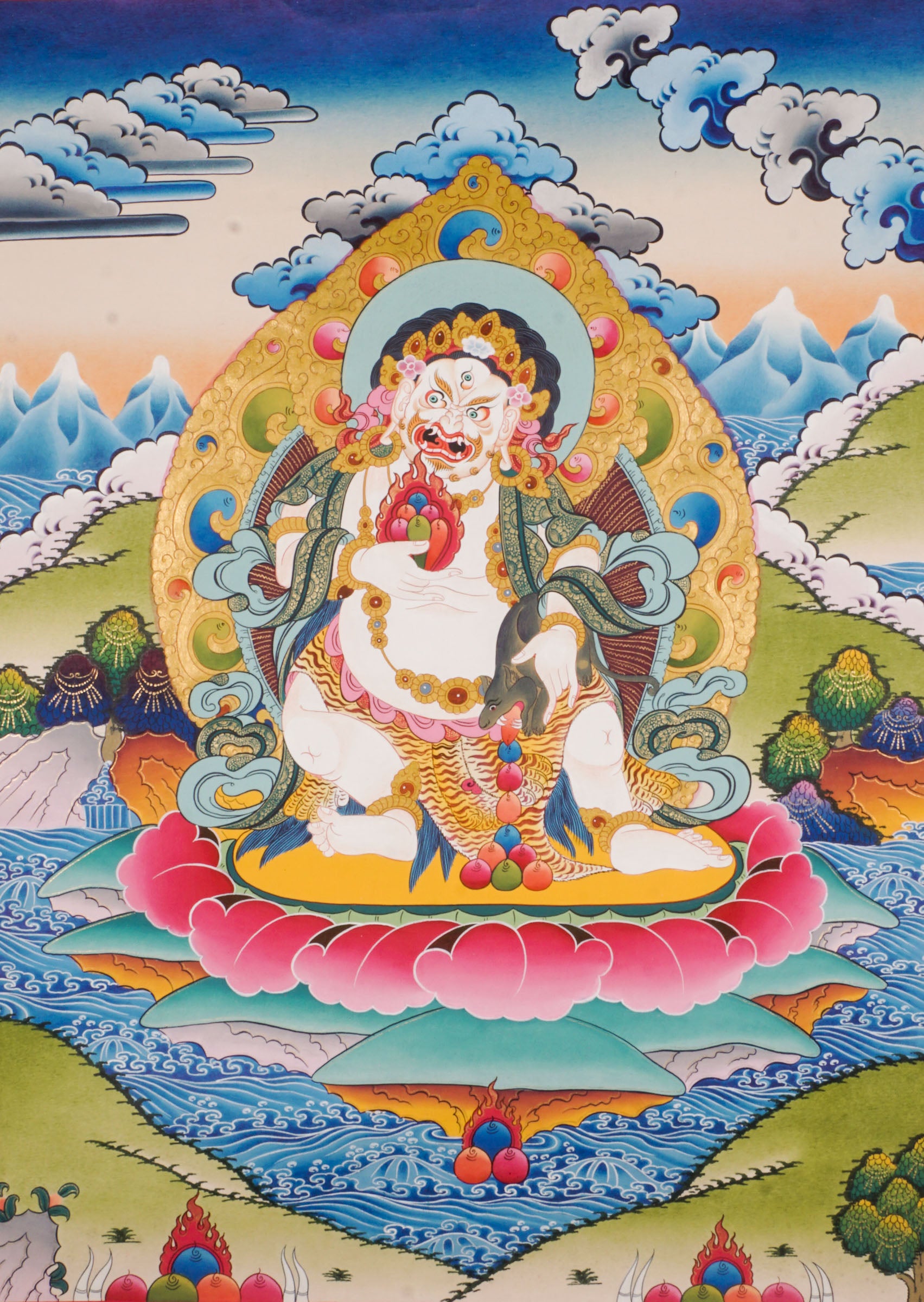White Zambala Thangka is a genuine Tibetan Buddhist painting that represents purity, prosperity, and spiritual wealth. It features a jewel-spouting mongoose and a treasure vase to attract abundance and remove obstacles.