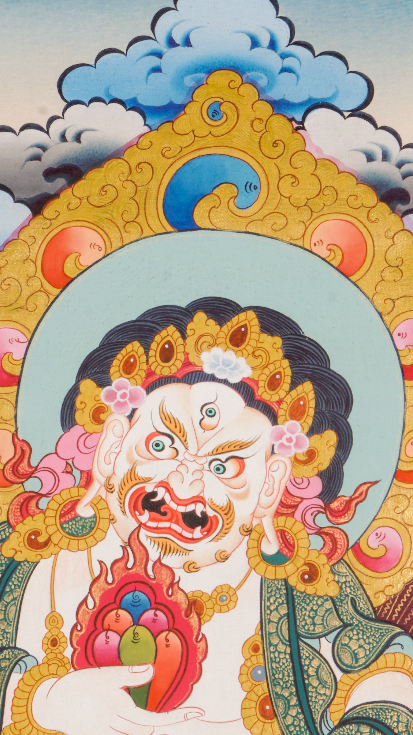 White Zambala Thangka is a genuine Tibetan Buddhist painting that represents purity, prosperity, and spiritual wealth. It features a jewel-spouting mongoose and a treasure vase to attract abundance and remove obstacles.