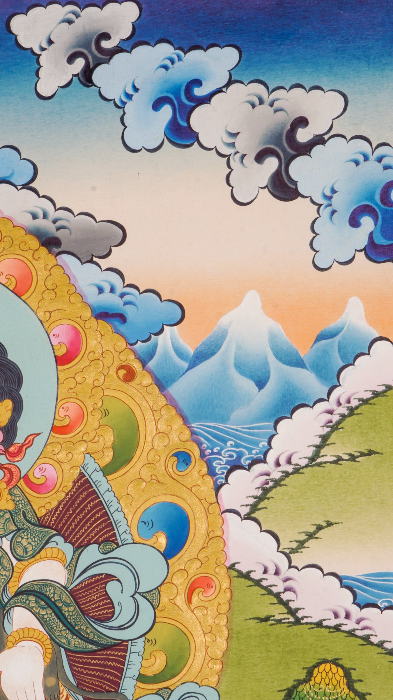 White Zambala Thangka is a genuine Tibetan Buddhist painting that represents purity, prosperity, and spiritual wealth. It features a jewel-spouting mongoose and a treasure vase to attract abundance and remove obstacles. 