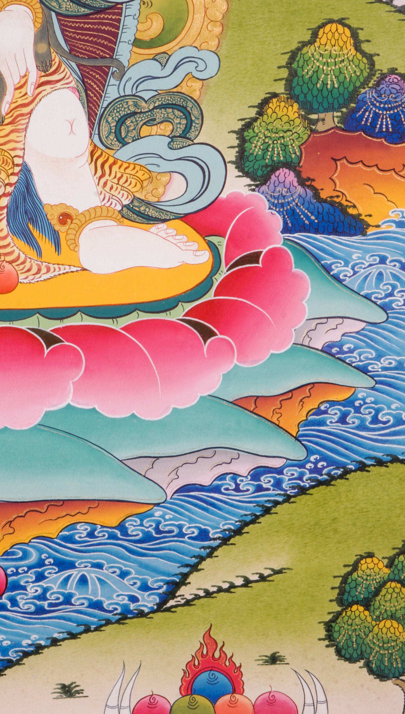 White Zambala Thangka is a genuine Tibetan Buddhist painting that represents purity, prosperity, and spiritual wealth. It features a jewel-spouting mongoose and a treasure vase to attract abundance and remove obstacles. 