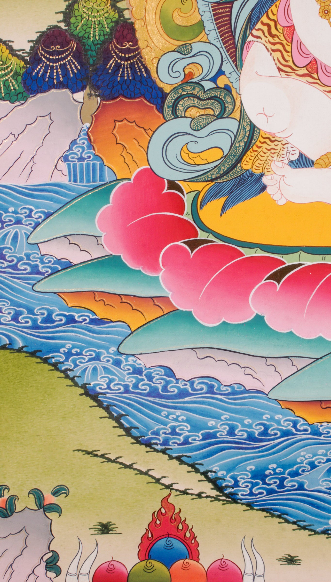 White Zambala Thangka is a genuine Tibetan Buddhist painting that represents purity, prosperity, and spiritual wealth. It features a jewel-spouting mongoose and a treasure vase to attract abundance and remove obstacles. 