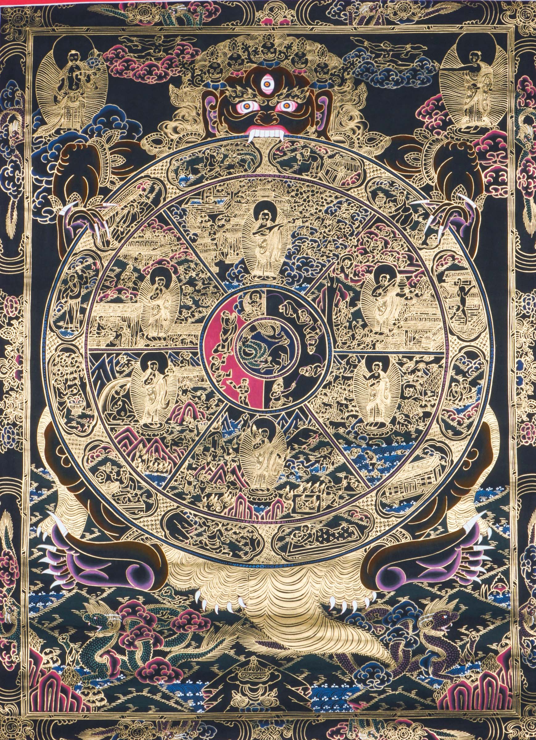 The Bhavachakra Thangka, also known as the Wheel of Life, is a traditional Tibetan Buddhist thangka that illustrates the cycle of samsara, karma, and rebirth. Hand-painted with natural pigments, this sacred artwork is ideal for meditation, spiritual reflection, and authentic Buddhist home decor.