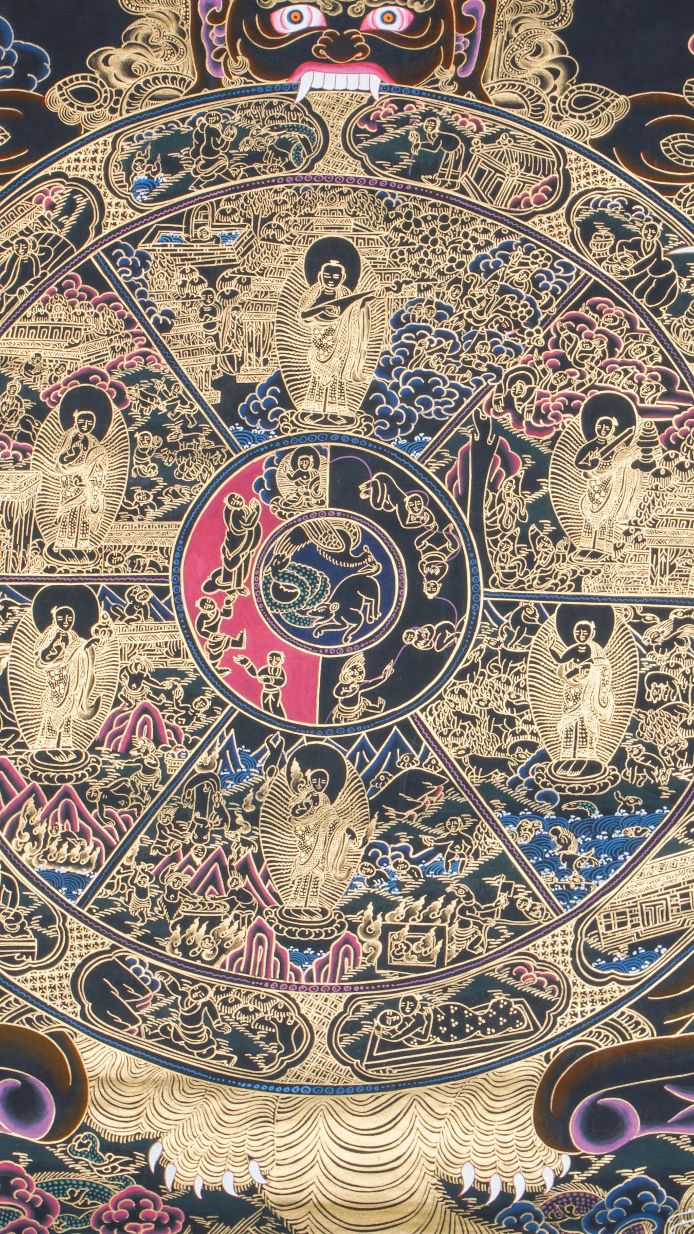 The Bhavachakra Thangka, also known as the Wheel of Life, is a traditional Tibetan Buddhist thangka that illustrates the cycle of samsara, karma, and rebirth. Hand-painted with natural pigments, this sacred artwork is ideal for meditation, spiritual reflection, and authentic Buddhist home decor.