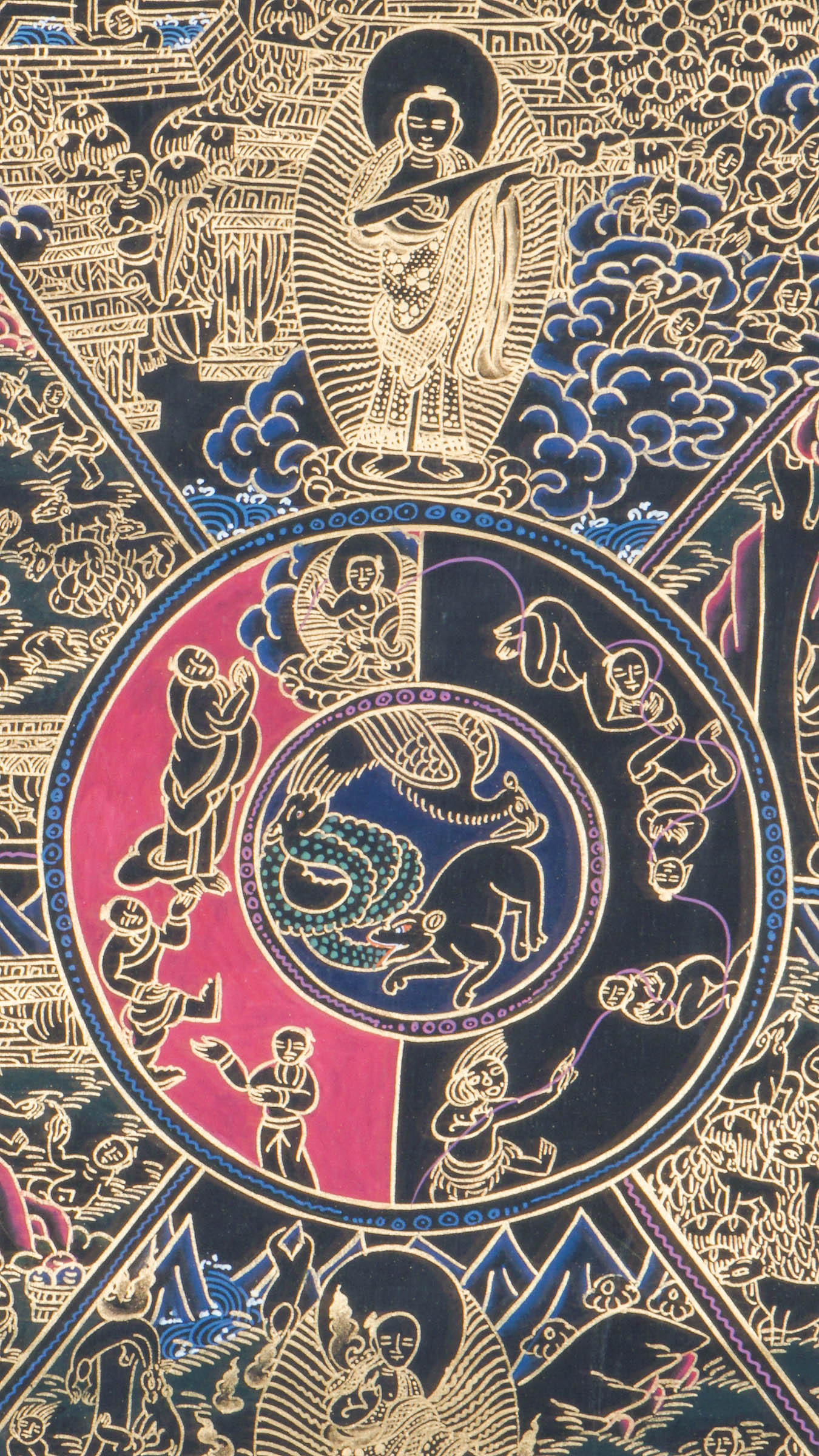 The Bhavachakra Thangka, also known as the Wheel of Life, is a traditional Tibetan Buddhist thangka that illustrates the cycle of samsara, karma, and rebirth. Hand-painted with natural pigments, this sacred artwork is ideal for meditation, spiritual reflection, and authentic Buddhist home decor.