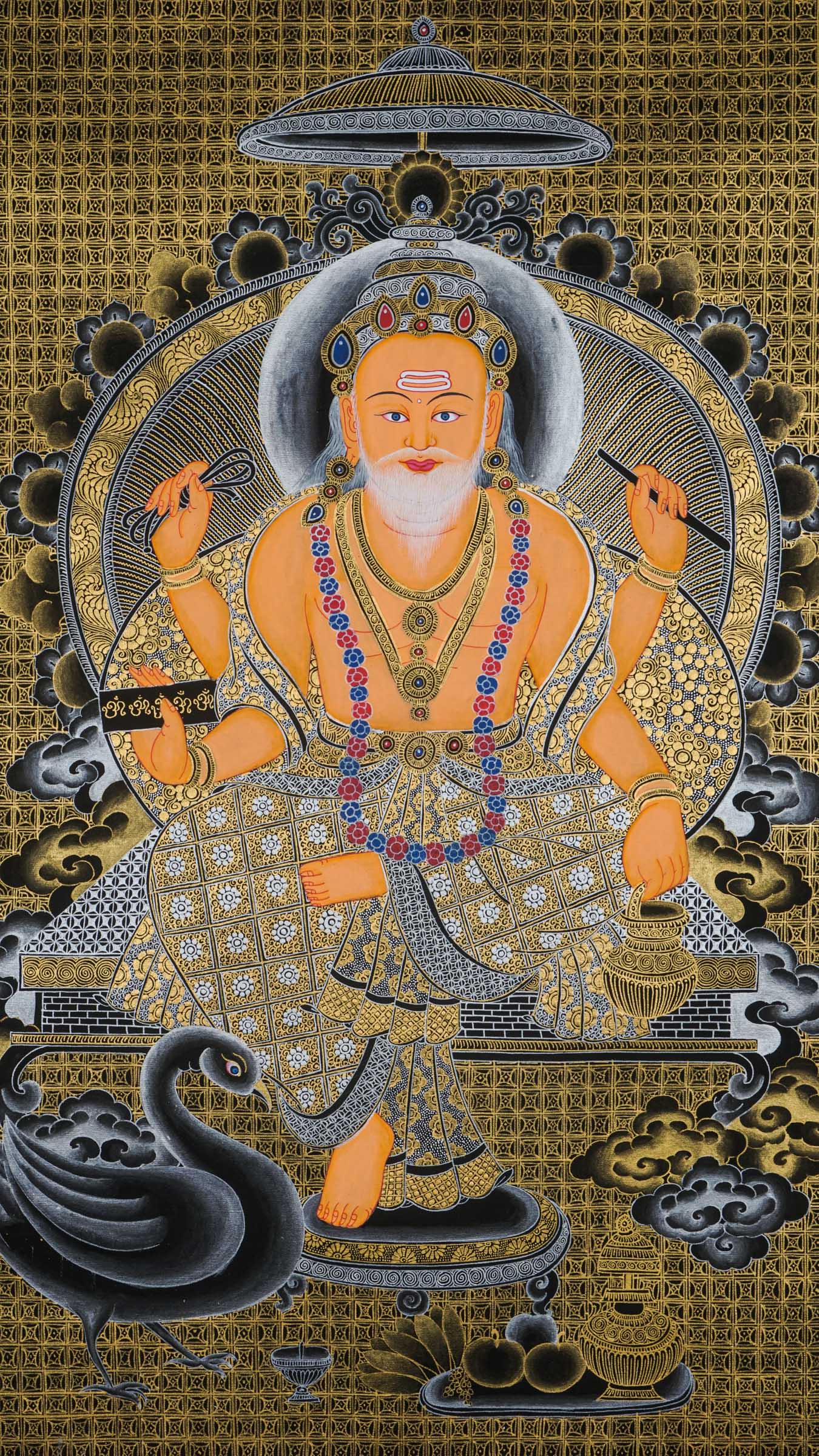Hand-painted Vishwakarma Thangka painting depicting the Hindu god of creation and craftsmanship, sacred traditional art with intricate gold detailing, ideal for temple decor, spiritual spaces, and artisan-inspired wall art.