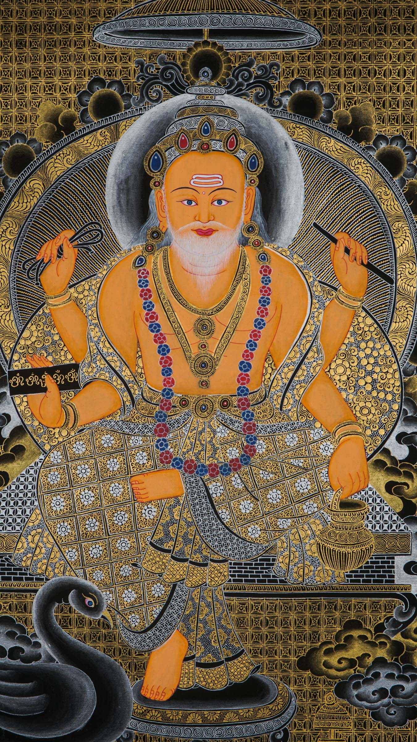 Hand-painted Vishwakarma Thangka painting depicting the Hindu god of creation and craftsmanship, sacred traditional art with intricate gold detailing, ideal for temple decor, spiritual spaces, and artisan-inspired wall art.