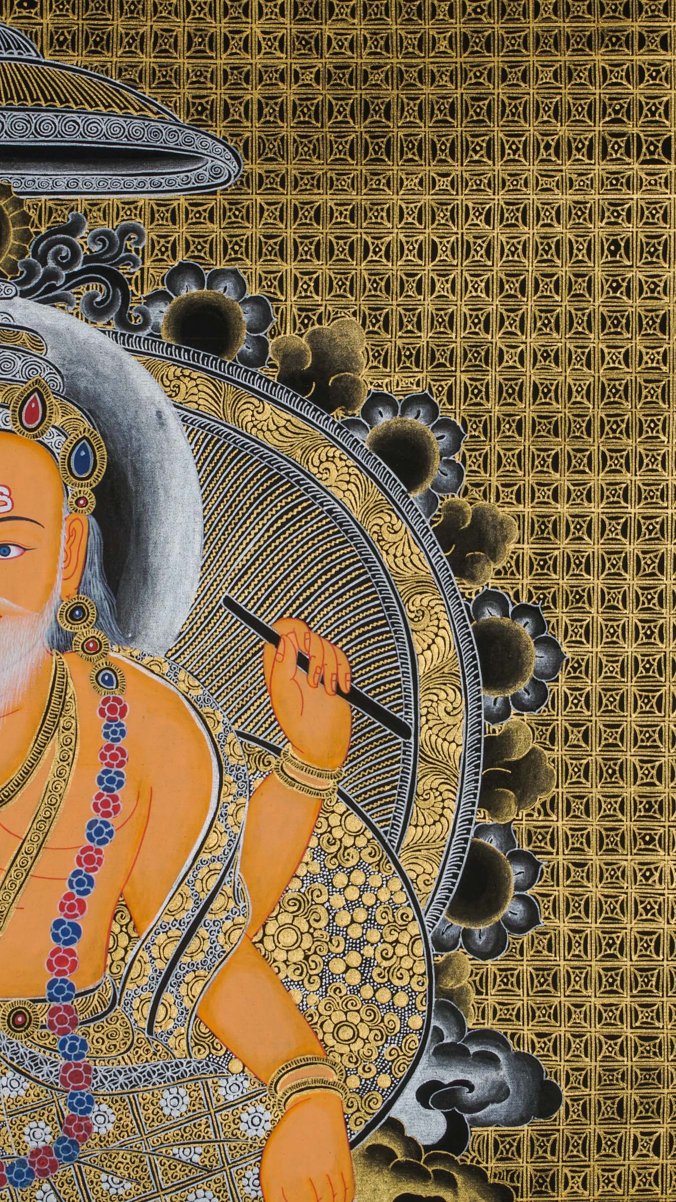 Hand-painted Vishwakarma Thangka painting depicting the Hindu god of creation and craftsmanship, sacred traditional art with intricate gold detailing, ideal for temple decor, spiritual spaces, and artisan-inspired wall art.