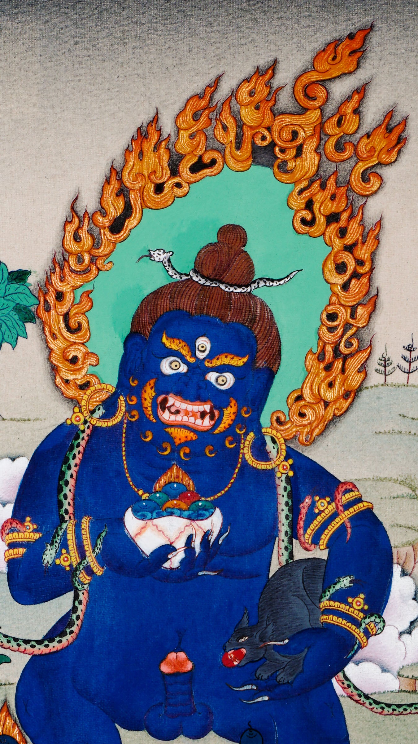Tibetan thangka painting of Black Zambala standing on a lotus throne stepping on a human-like figure, holding a jewel-spitting mongoose and a skull cup, wearing jewelry and a serpent head ornament, hand painted in Kathmandu, Nepal.