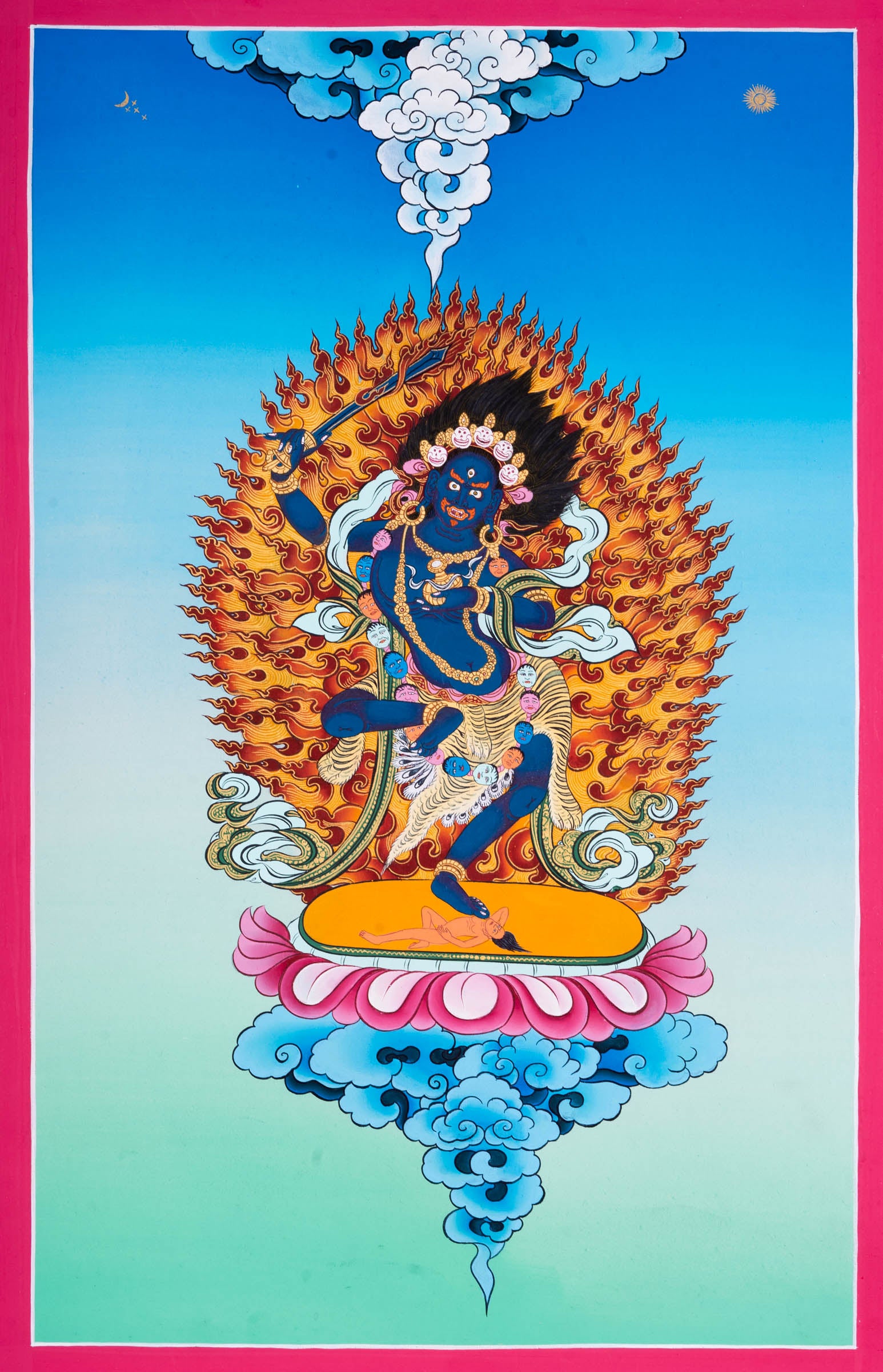 This genuine Tibetan Thangka of Black Manjushri, hand-painted with natural mineral pigments, represents the fierce wisdom that swiftly removes ignorance and obstacles on the path to enlightenment. A powerful Buddhist artwork, it enhances any sacred space with transformative energy and deep spiritual meaning.
