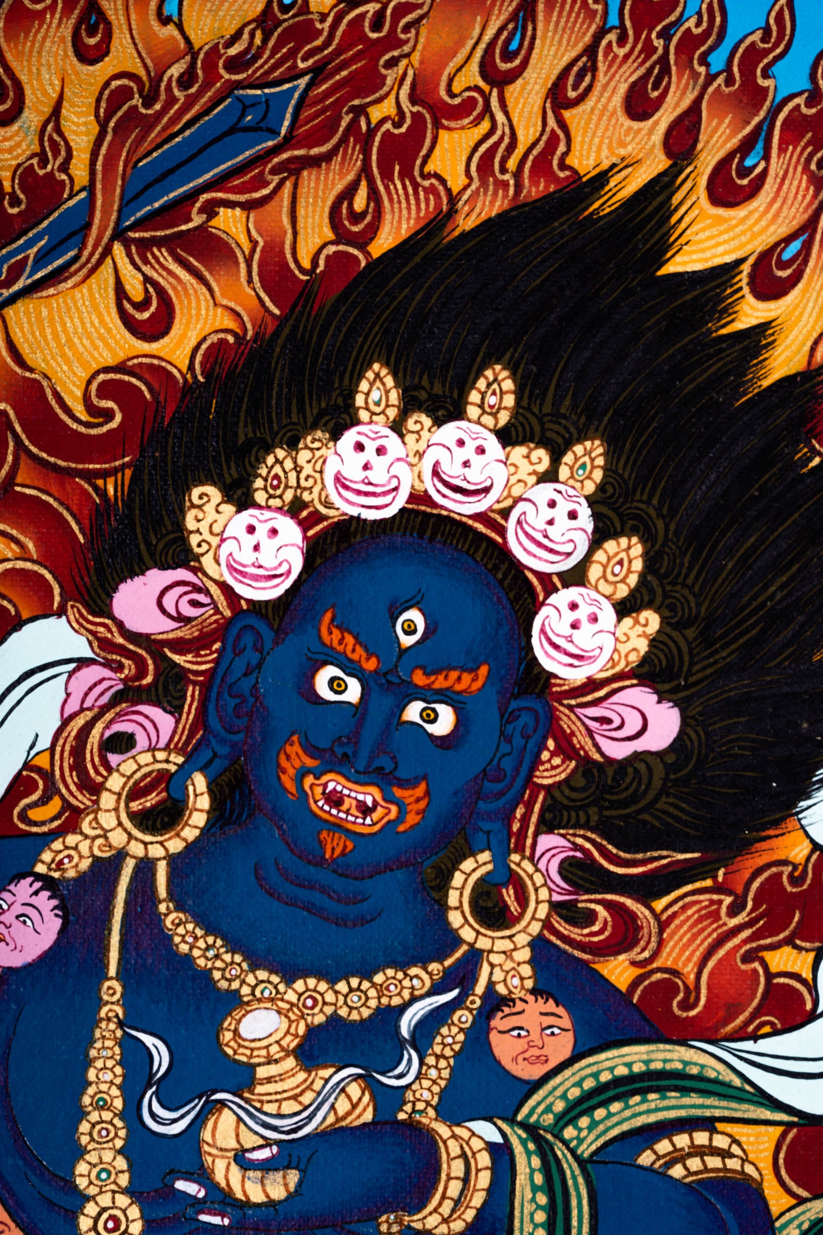 This genuine Tibetan Thangka of Black Manjushri, hand-painted with natural mineral pigments, represents the fierce wisdom that swiftly removes ignorance and obstacles on the path to enlightenment. A powerful Buddhist artwork, it enhances any sacred space with transformative energy and deep spiritual meaning.