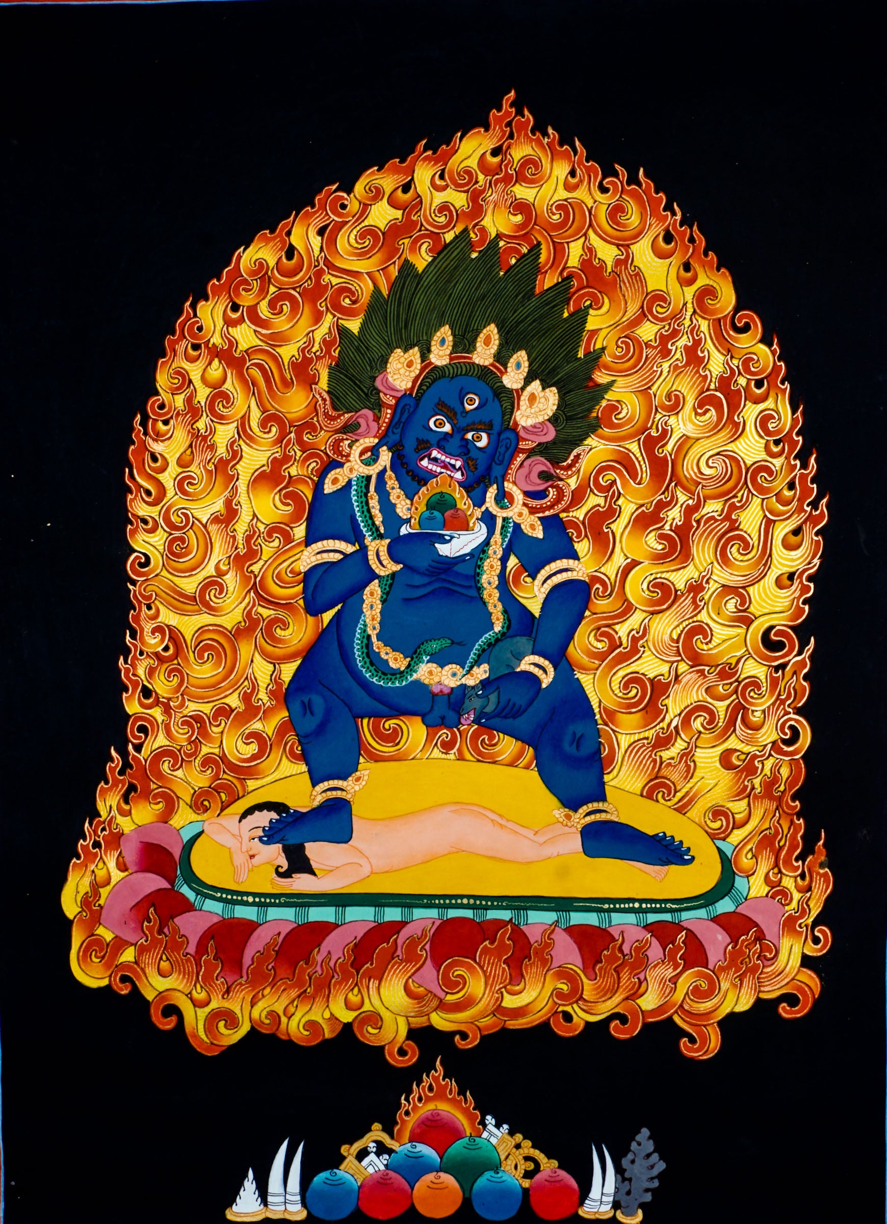 Black Zambala Tibetan Buddhist wealth deity thangka painting from Nepal to destroy misfortune and clear Karmic Debt