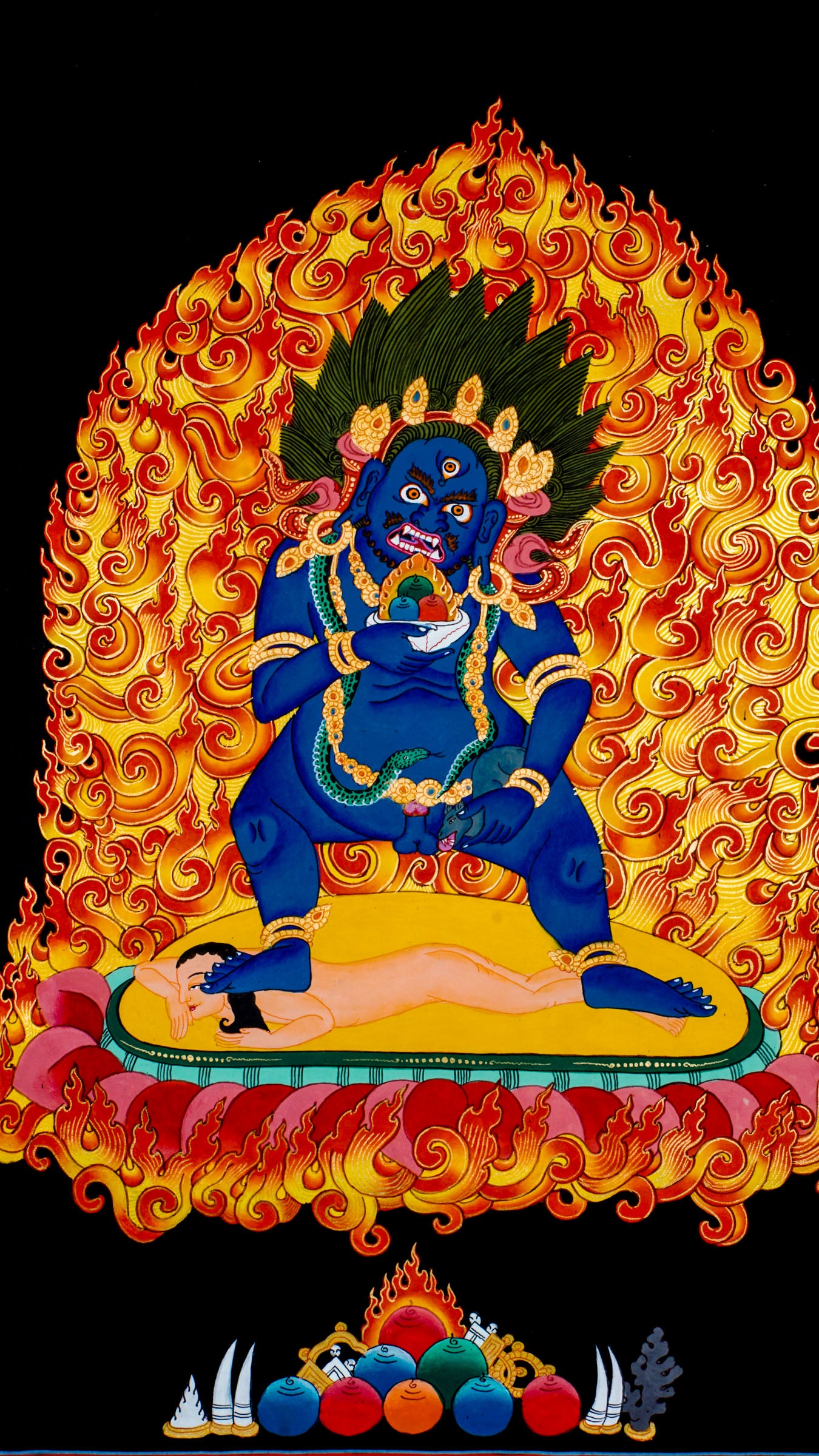 Black Zambala Tibetan Buddhist wealth deity thangka painting from Nepal to destroy misfortune and clear Karmic Debt
