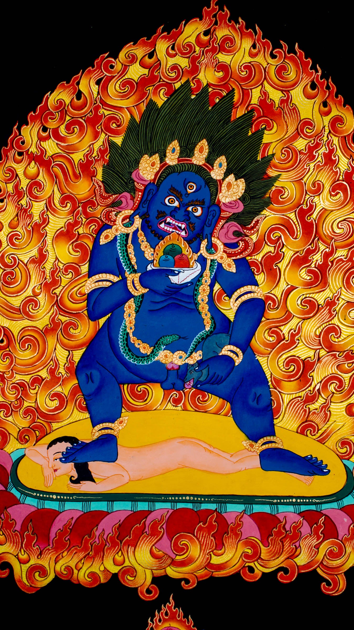 Black Zambala Tibetan Buddhist wealth deity thangka painting from Nepal to destroy misfortune and clear Karmic Debt