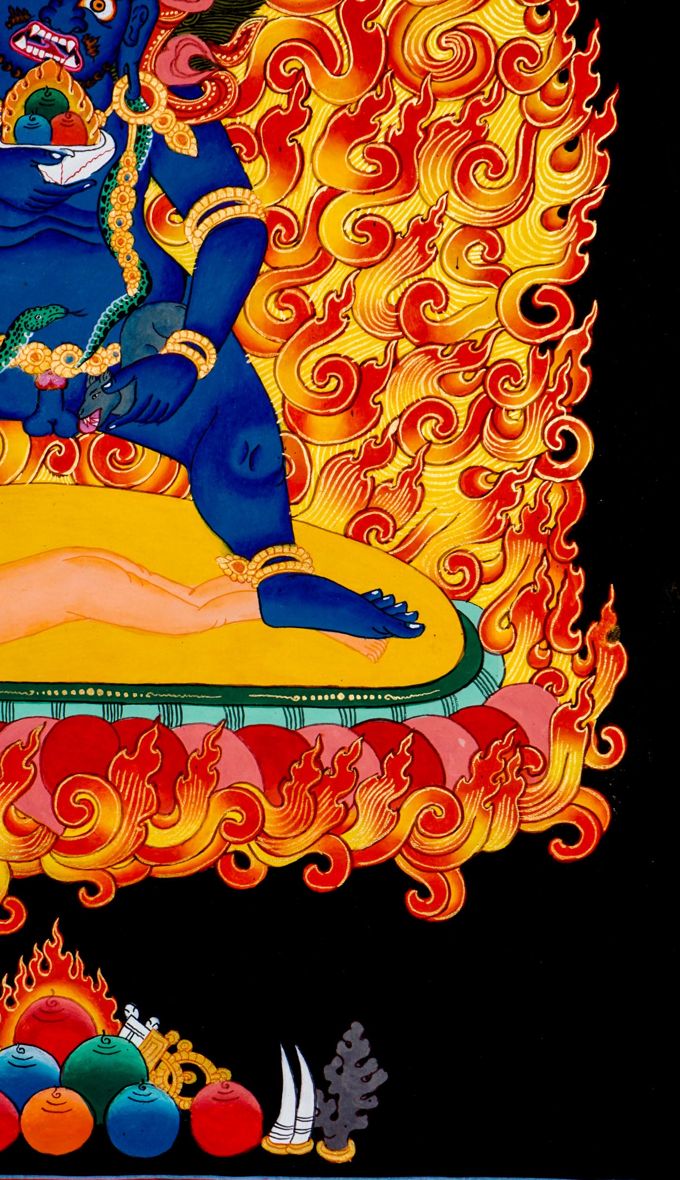 Black Zambala Tibetan Buddhist wealth deity thangka painting from Nepal with fire aura and symbolic human figure.