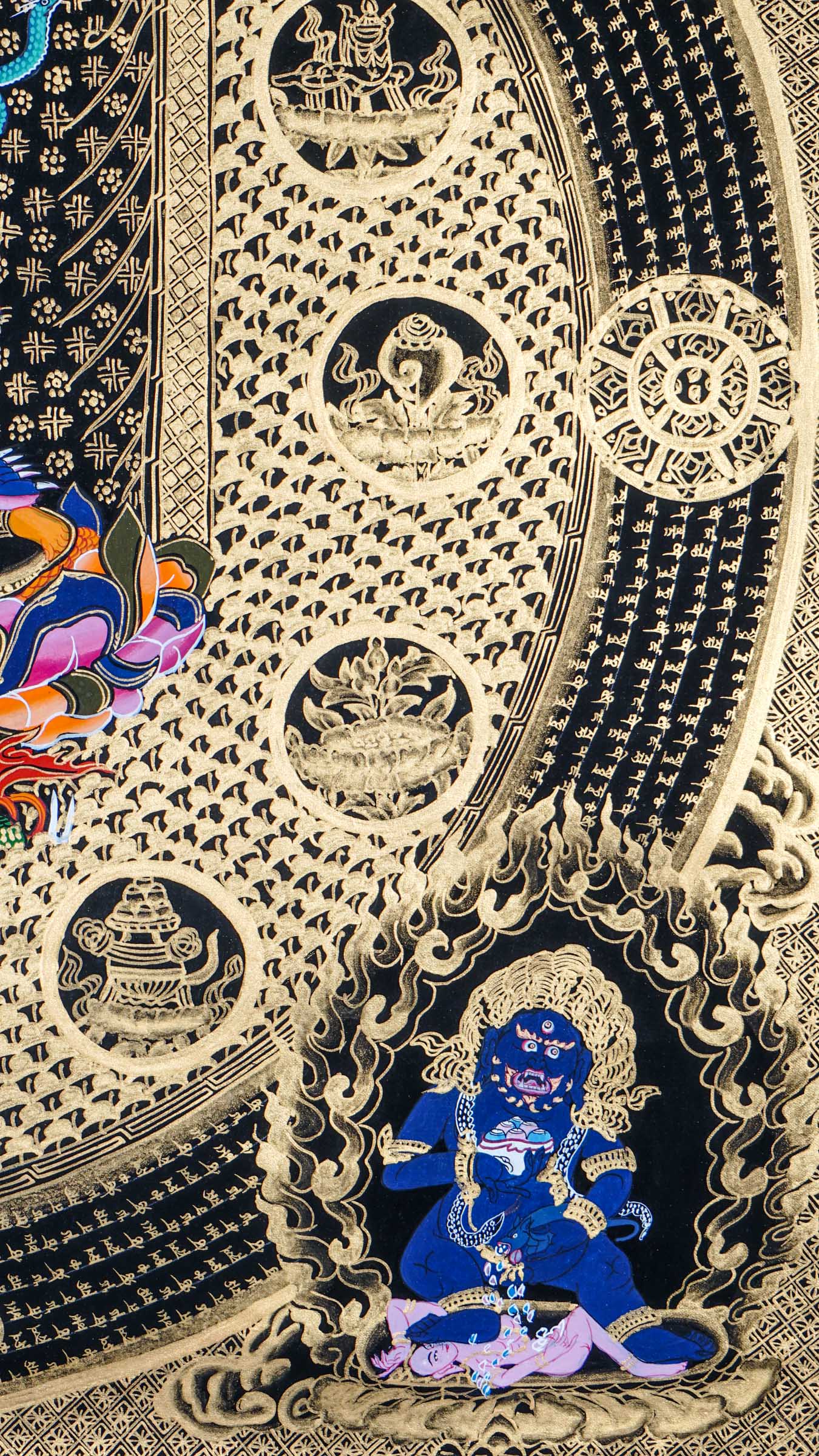 Black Zambala Mandala thangka representing prosperity, protection, and abundance in Tibetan Buddhism