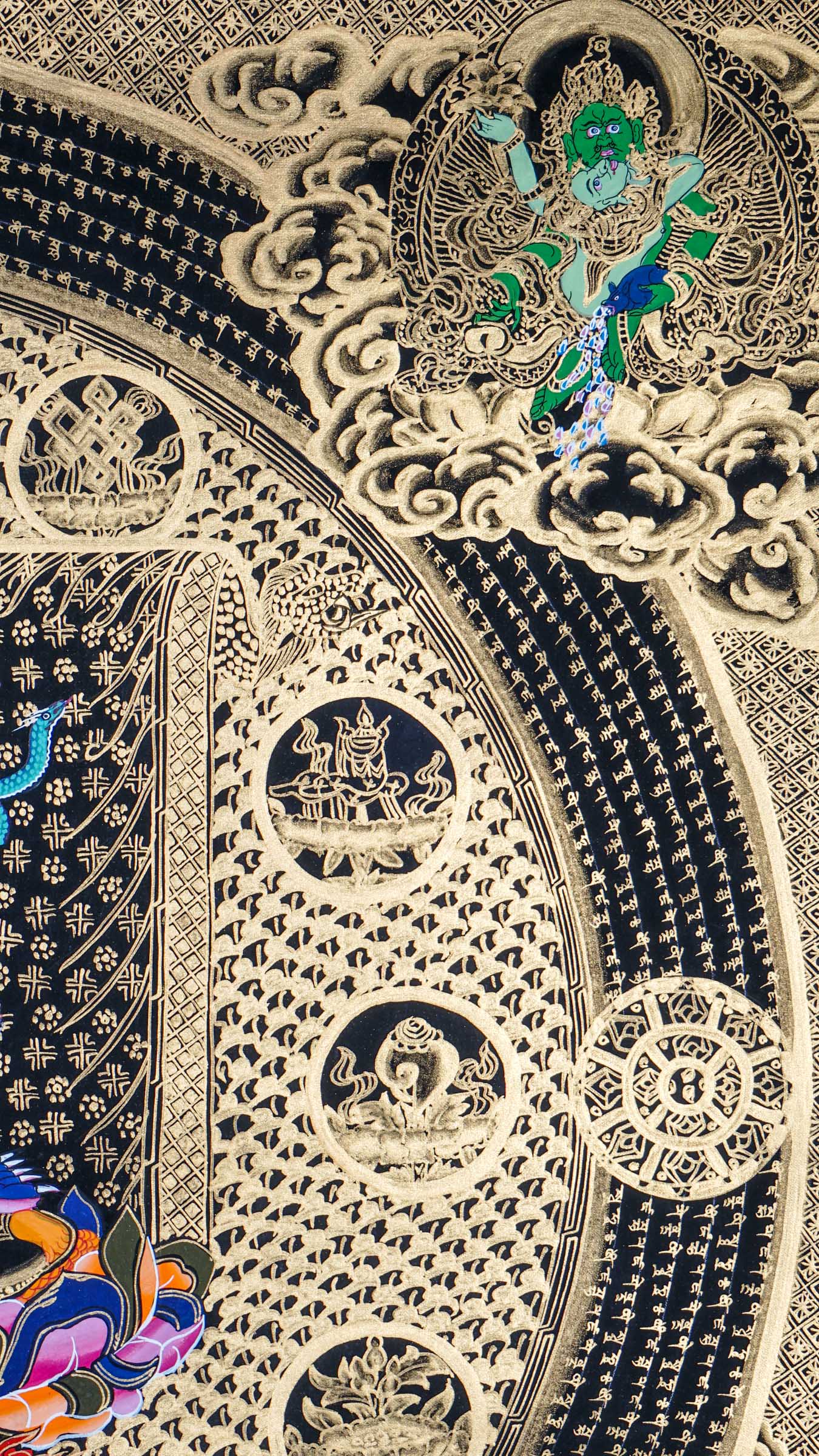 Black Zambala Mandala thangka representing prosperity, protection, and abundance in Tibetan Buddhism