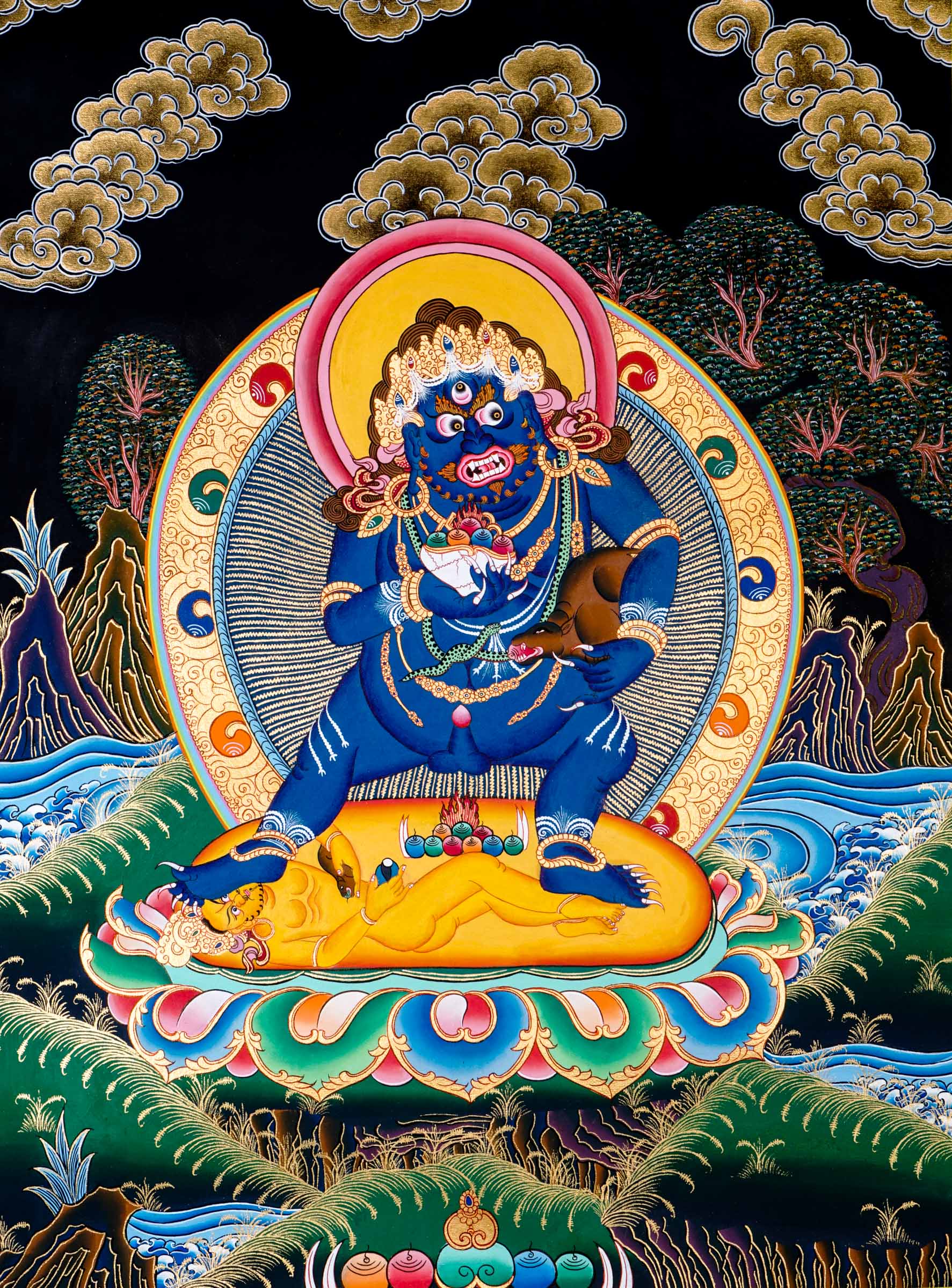 Exclusive thangka painting of fierce deity Black Zambala standing in a human figure, hand-painted by skilled Nepali artisans using 24k Gold and natural pigments.
