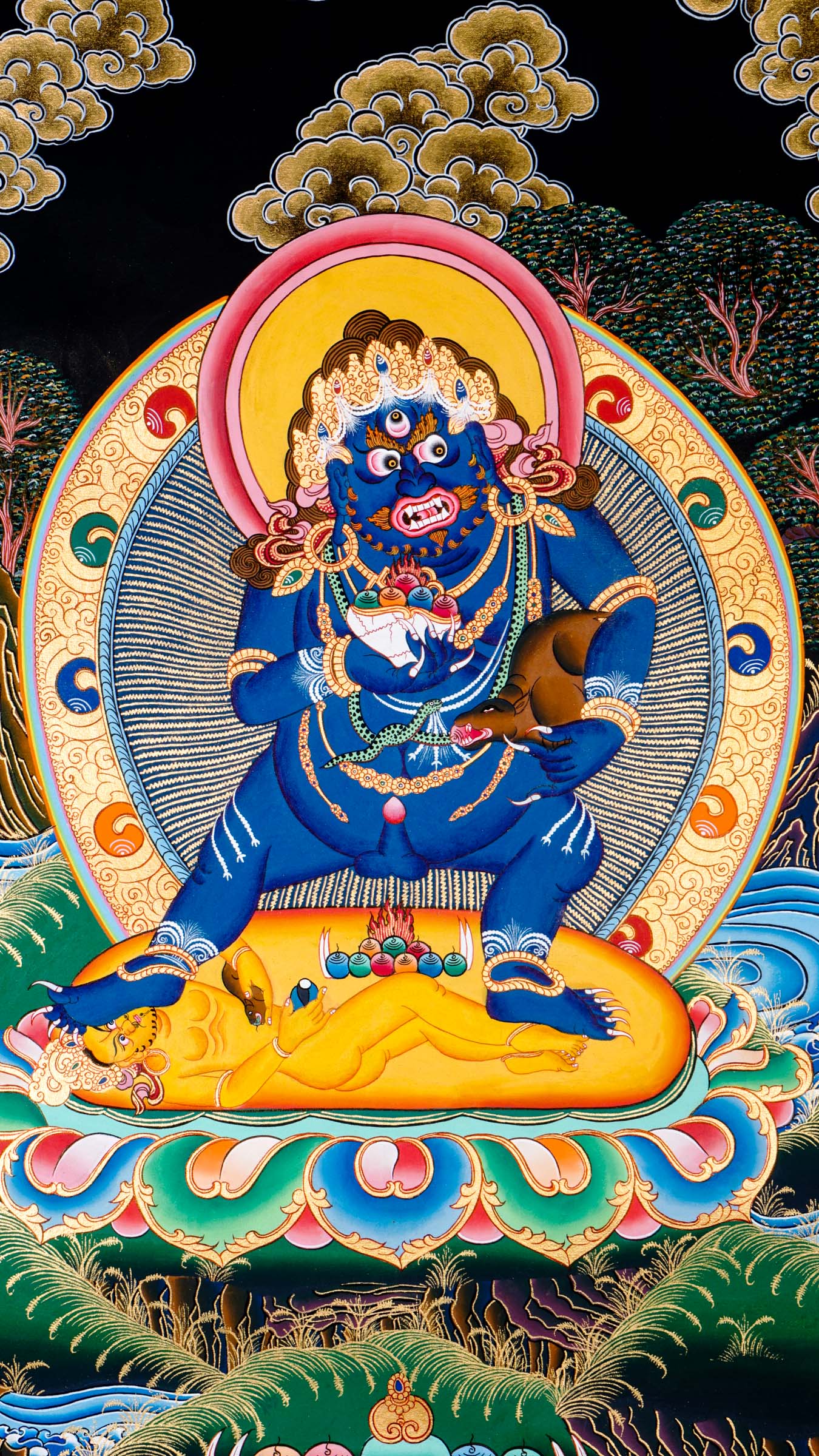 Exclusive thangka painting of fierce deity Black Zambala standing in a human figure, hand-painted by skilled Nepali artisans using 24k Gold and natural pigments.
