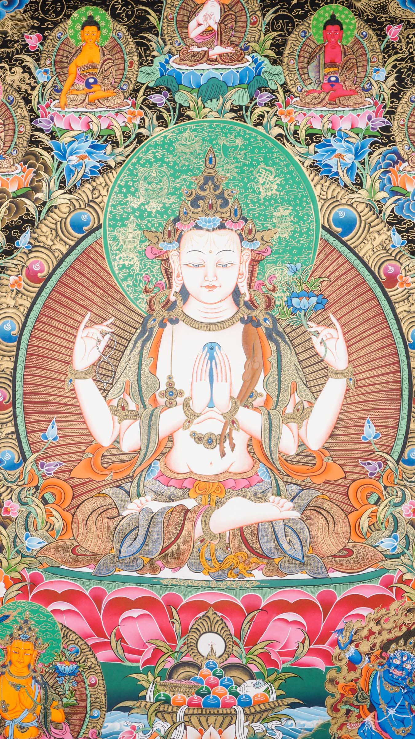 Hand-painted Chengresi Thangka, Tibetan Buddhist Bodhisattva of Compassion seated on a lotus throne, crafted in Nepal with 24k gold and natural pigments.
