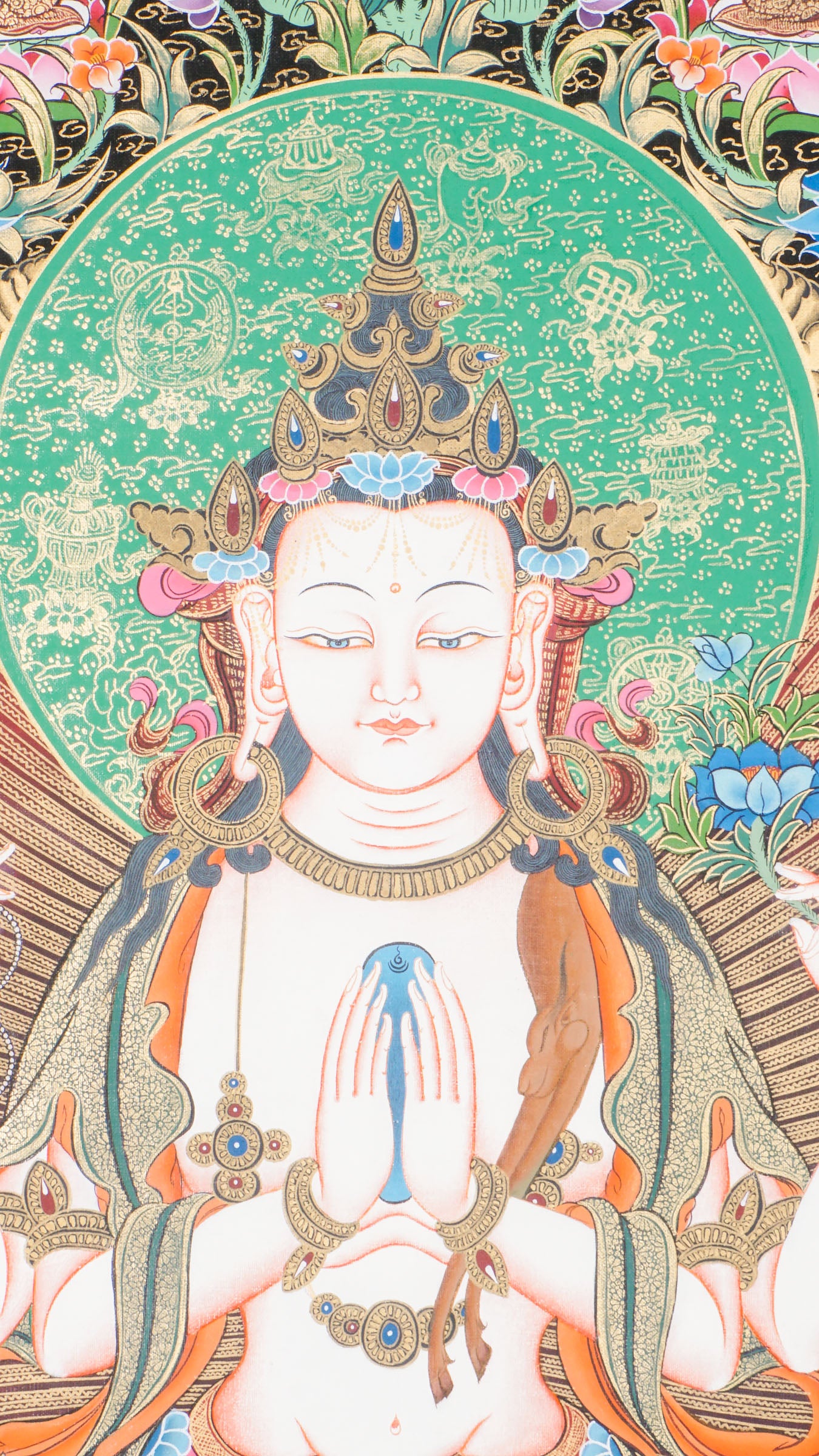 Hand-painted Chengresi Thangka, Tibetan Buddhist Bodhisattva of Compassion seated on a lotus throne, crafted in Nepal with 24k gold and natural pigments.