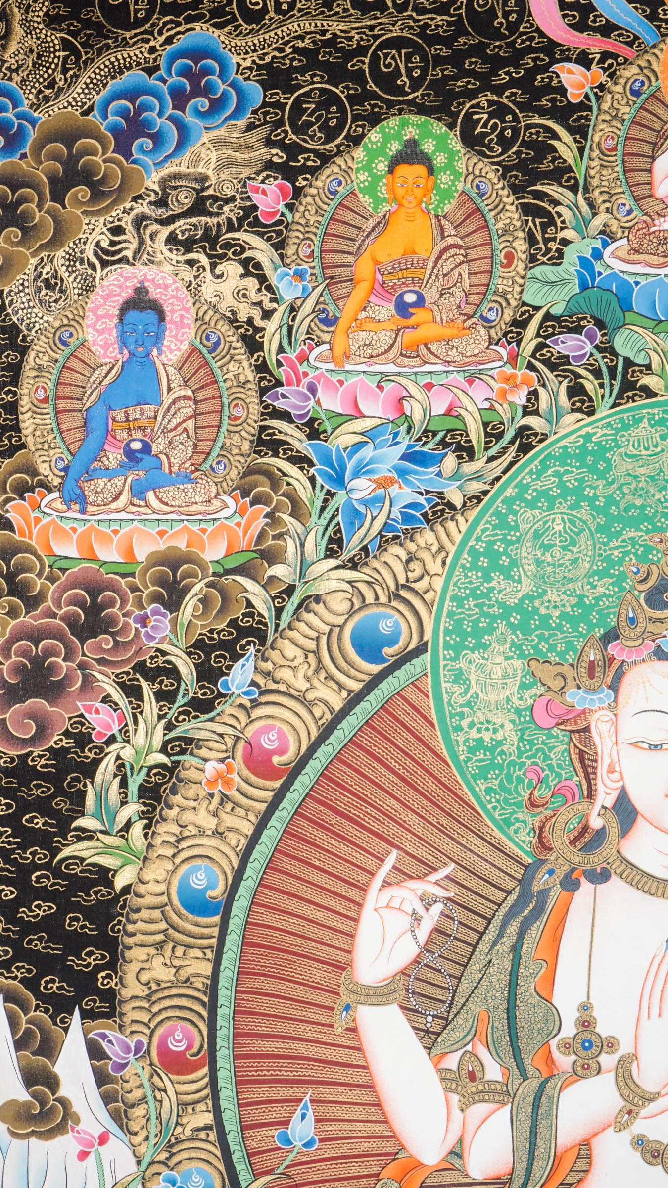 Hand-painted Chengresi Thangka, Tibetan Buddhist Bodhisattva of Compassion seated on a lotus throne, crafted in Nepal with 24k gold and natural pigments.