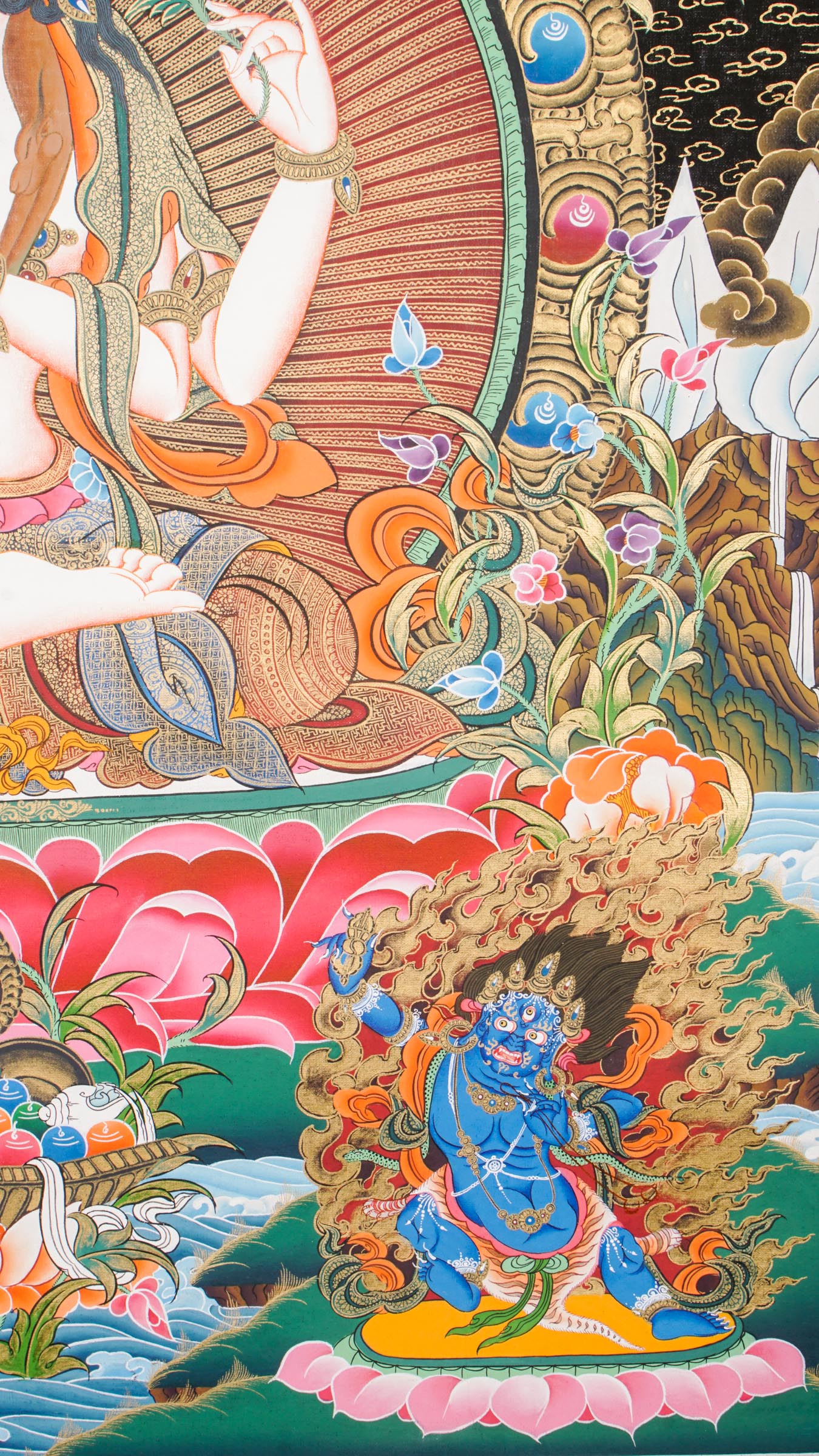 Hand-painted Chengresi Thangka, Tibetan Buddhist Bodhisattva of Compassion seated on a lotus throne, crafted in Nepal with 24k gold and natural pigments.