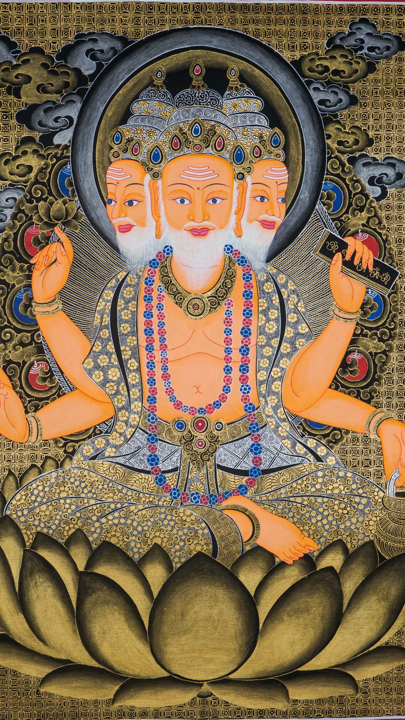 Brahma Thangka showing four-faced Hindu creator god, cosmic wisdom.