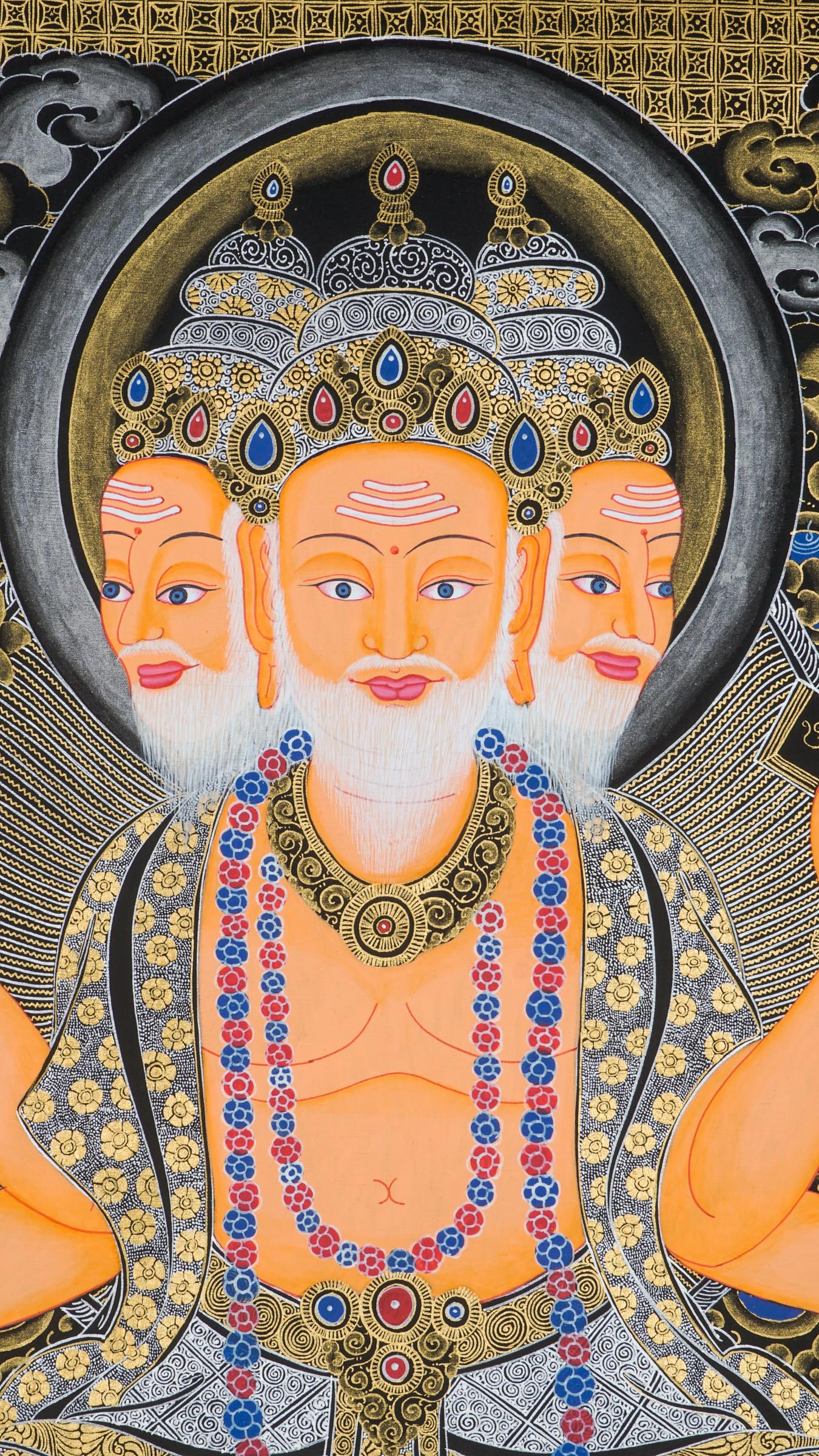 Brahma Thangka showing four-faced Hindu creator god, cosmic wisdom.
