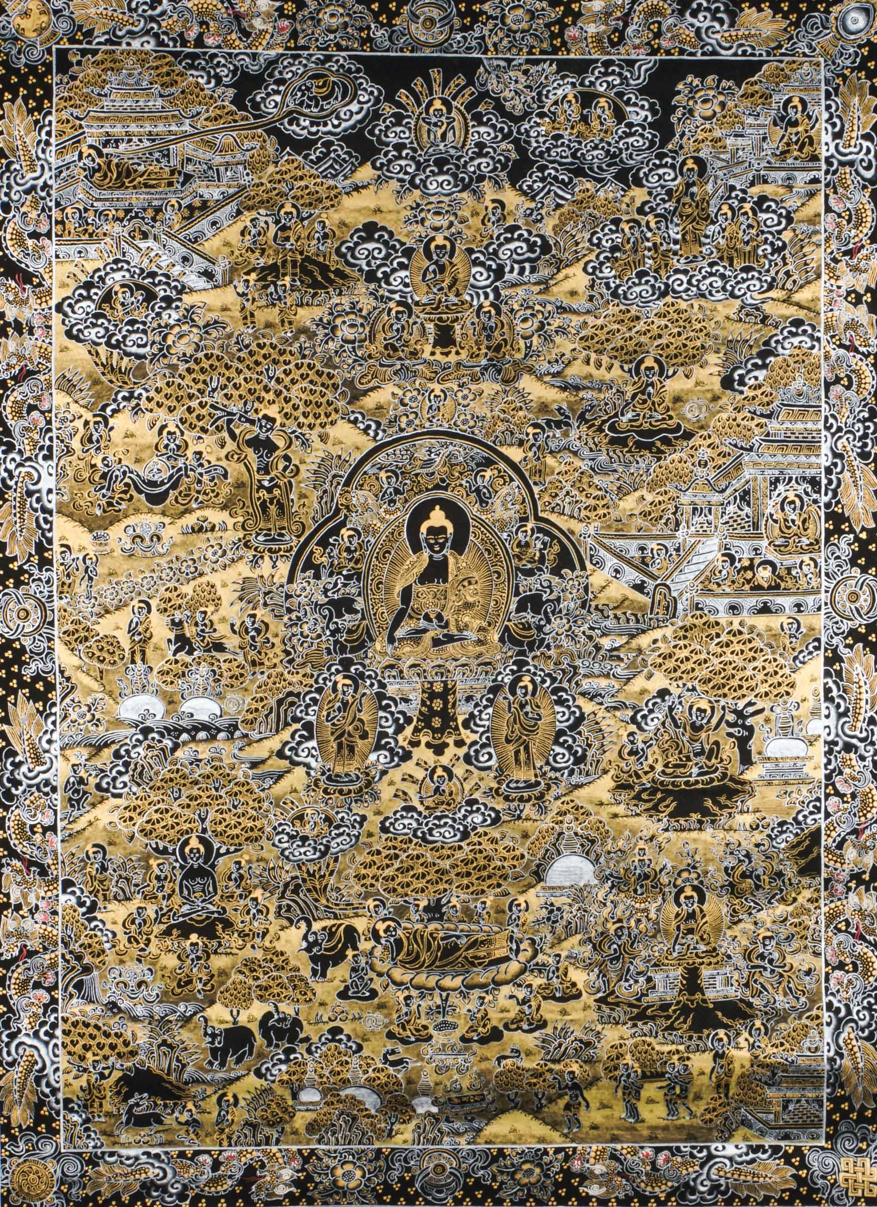 The Buddha Life Thangka is a handcrafted Tibetan painting that illustrates the journey of Buddha from birth to enlightenment, including key events like the Great Departure and the First Sermon. Ideal for meditation or sacred spaces, this thangka promotes mindfulness, compassion, and a deeper connection to Buddhist teachings. 