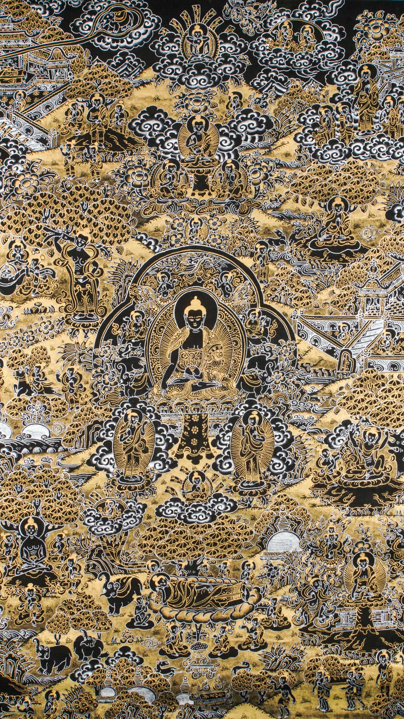 The Buddha Life Thangka is a handcrafted Tibetan painting that illustrates the journey of Buddha from birth to enlightenment, including key events like the Great Departure and the First Sermon. Ideal for meditation or sacred spaces, this thangka promotes mindfulness, compassion, and a deeper connection to Buddhist teachings. 