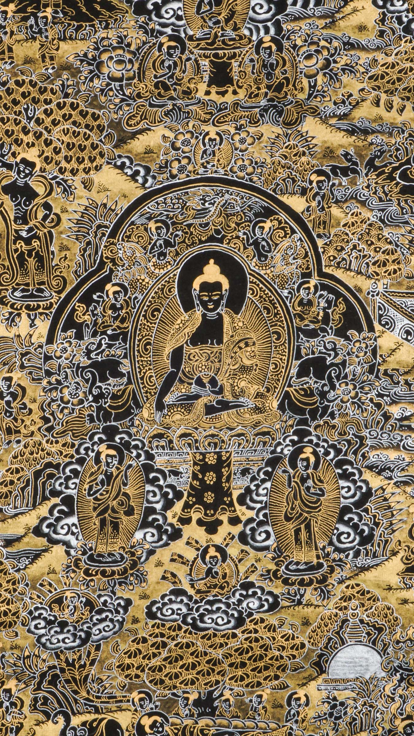 The Buddha Life Thangka is a handcrafted Tibetan painting that illustrates the journey of Buddha from birth to enlightenment, including key events like the Great Departure and the First Sermon. Ideal for meditation or sacred spaces, this thangka promotes mindfulness, compassion, and a deeper connection to Buddhist teachings. 