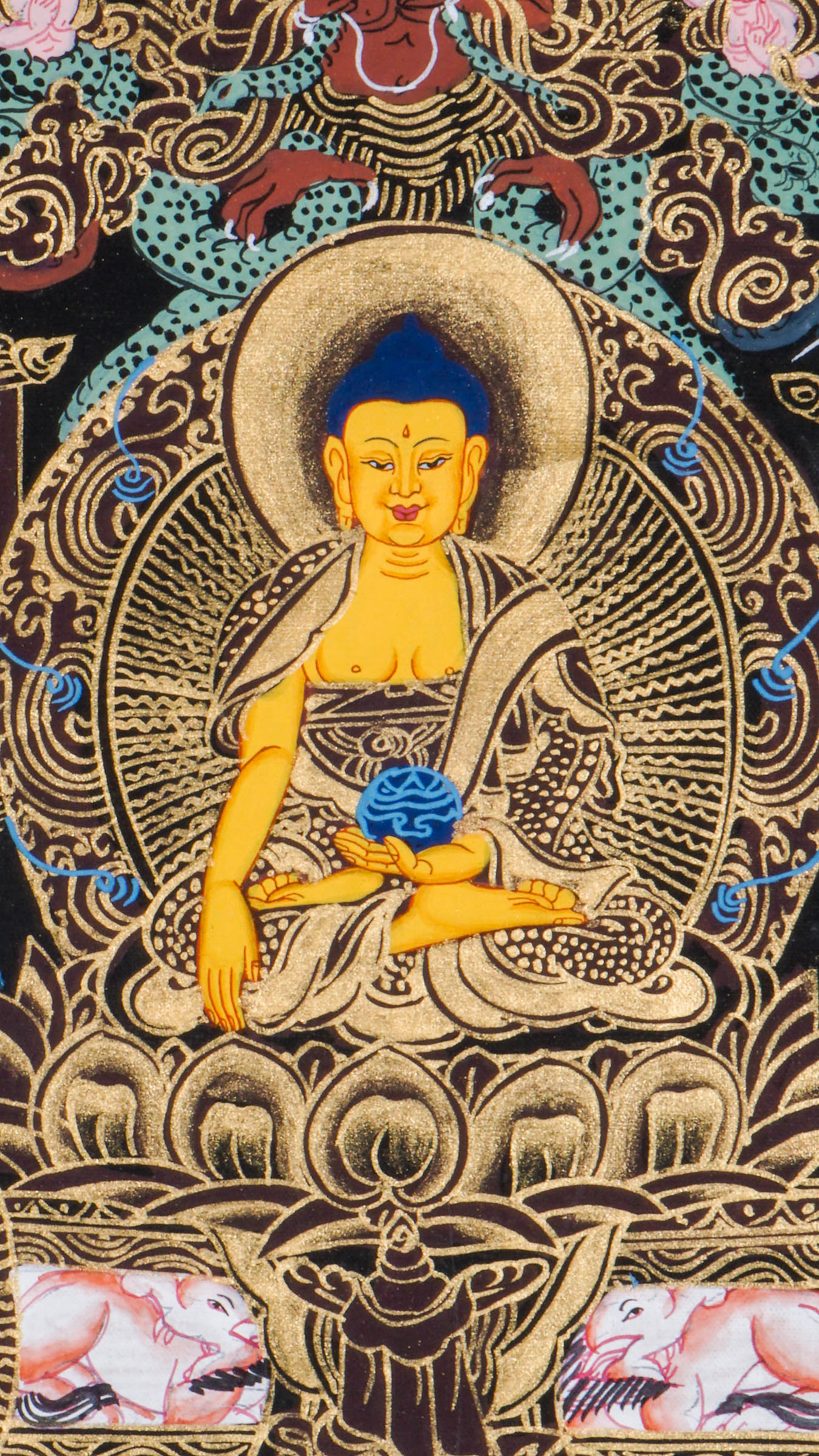 This genuine Tibetan Buddhist Thangka illustrates the life of Buddha through sacred scenes like the Great Departure, Enlightenment under the Bodhi Tree, and the First Sermon. Hand-painted with natural pigments, it is perfect for Buddhist decor, meditation, and spiritual reflection.