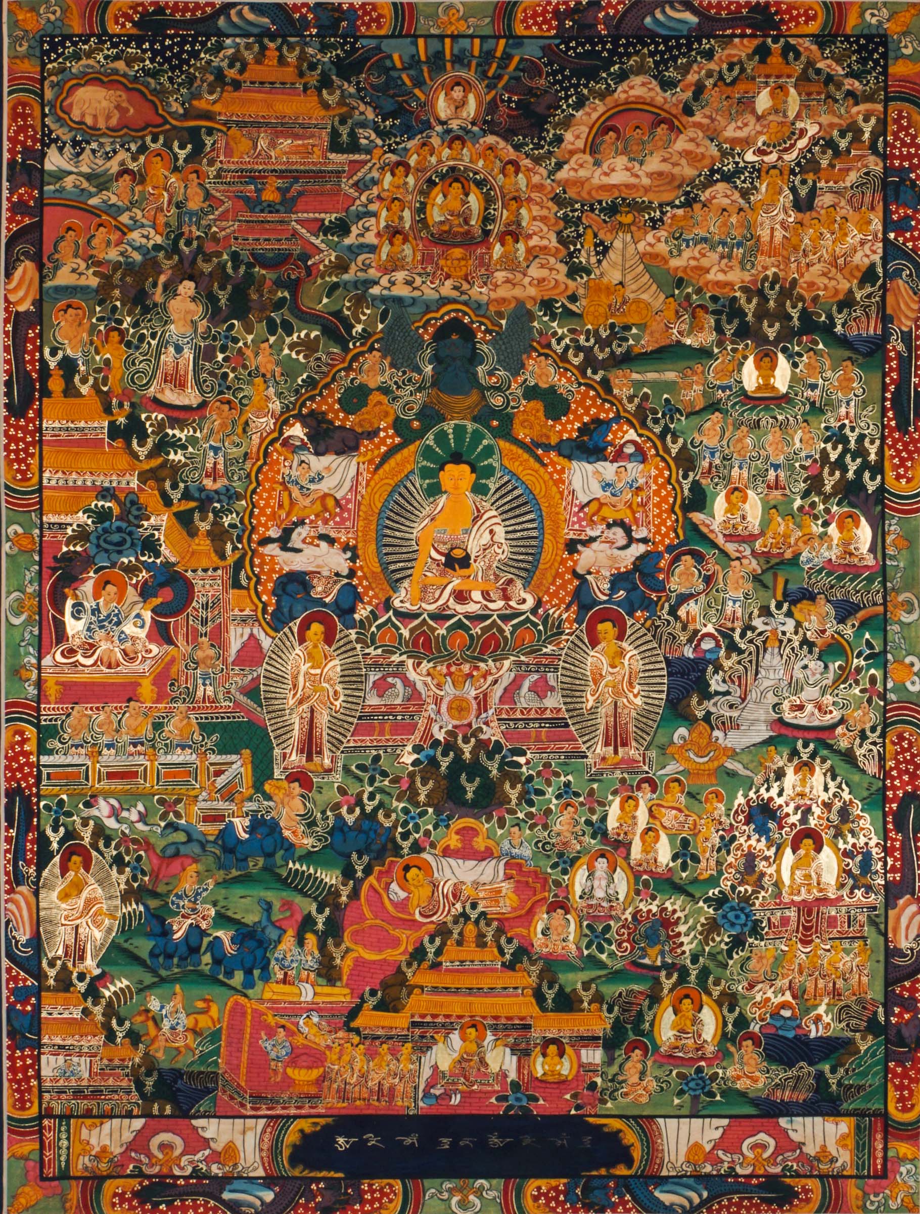Tibetan Thangka painting showing Buddha's life journey - birth, enlightenment, and teachings. Created with mineral pigments on cotton using traditional Buddhist art methods. Used for meditation and religious education. 