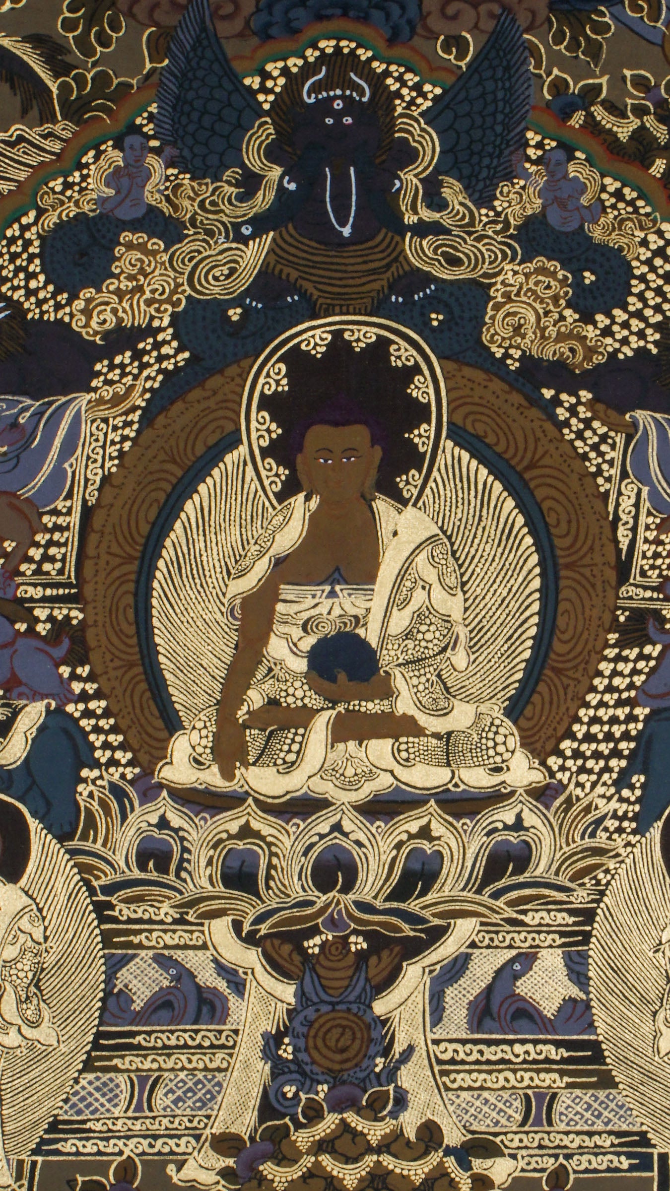 This genuine Tibetan Buddhist Thangka beautifully illustrates Buddha’s journey from birth to enlightenment. Featuring sacred scenes like the Great Departure and Bodhi Tree meditation, this hand-painted artwork supports spiritual practice, mindfulness, and Buddhist home decor.
