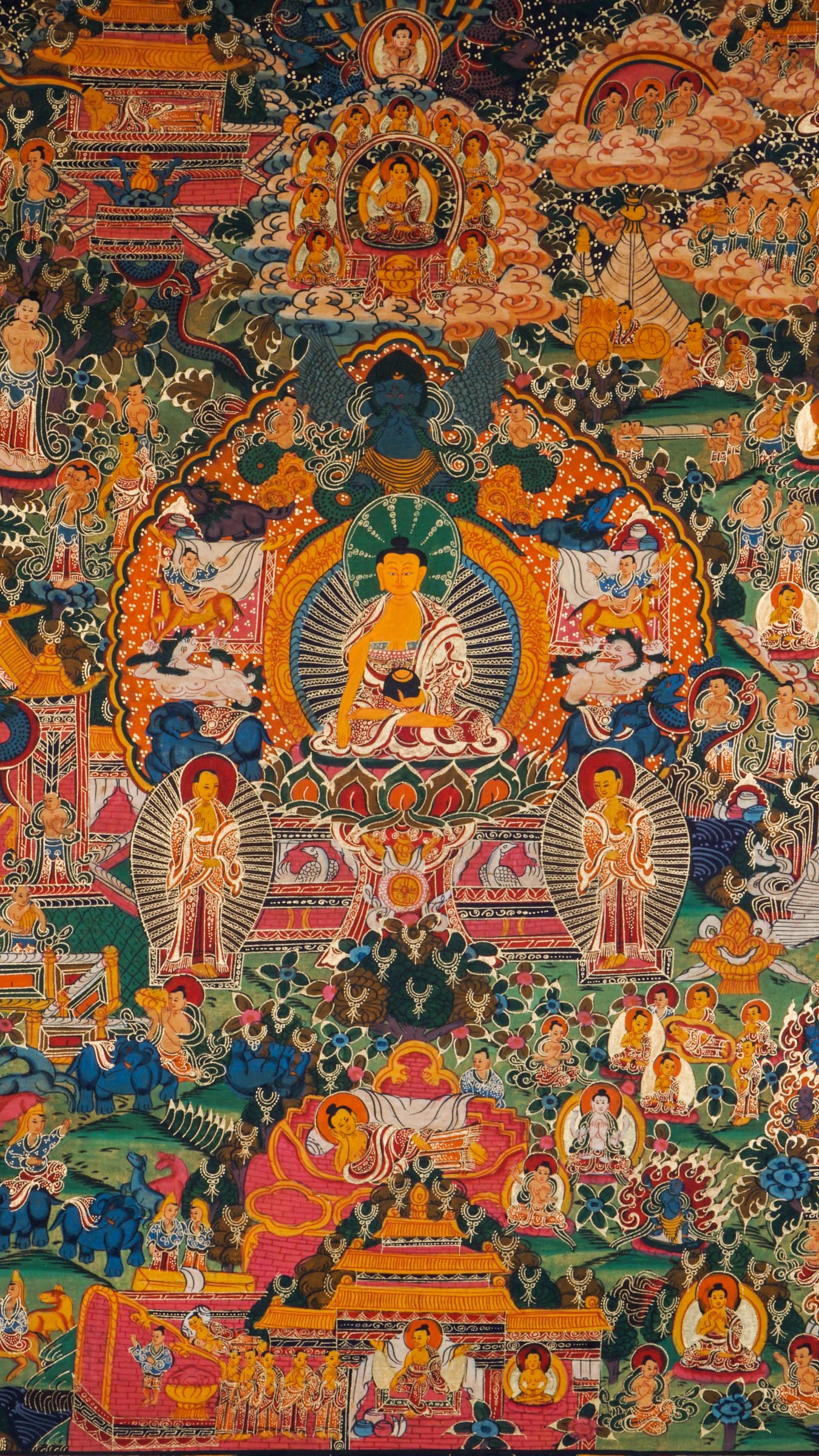Tibetan Thangka painting showing Buddha's life journey - birth, enlightenment, and teachings. Created with mineral pigments on cotton using traditional Buddhist art methods. Used for meditation and religious education. 
