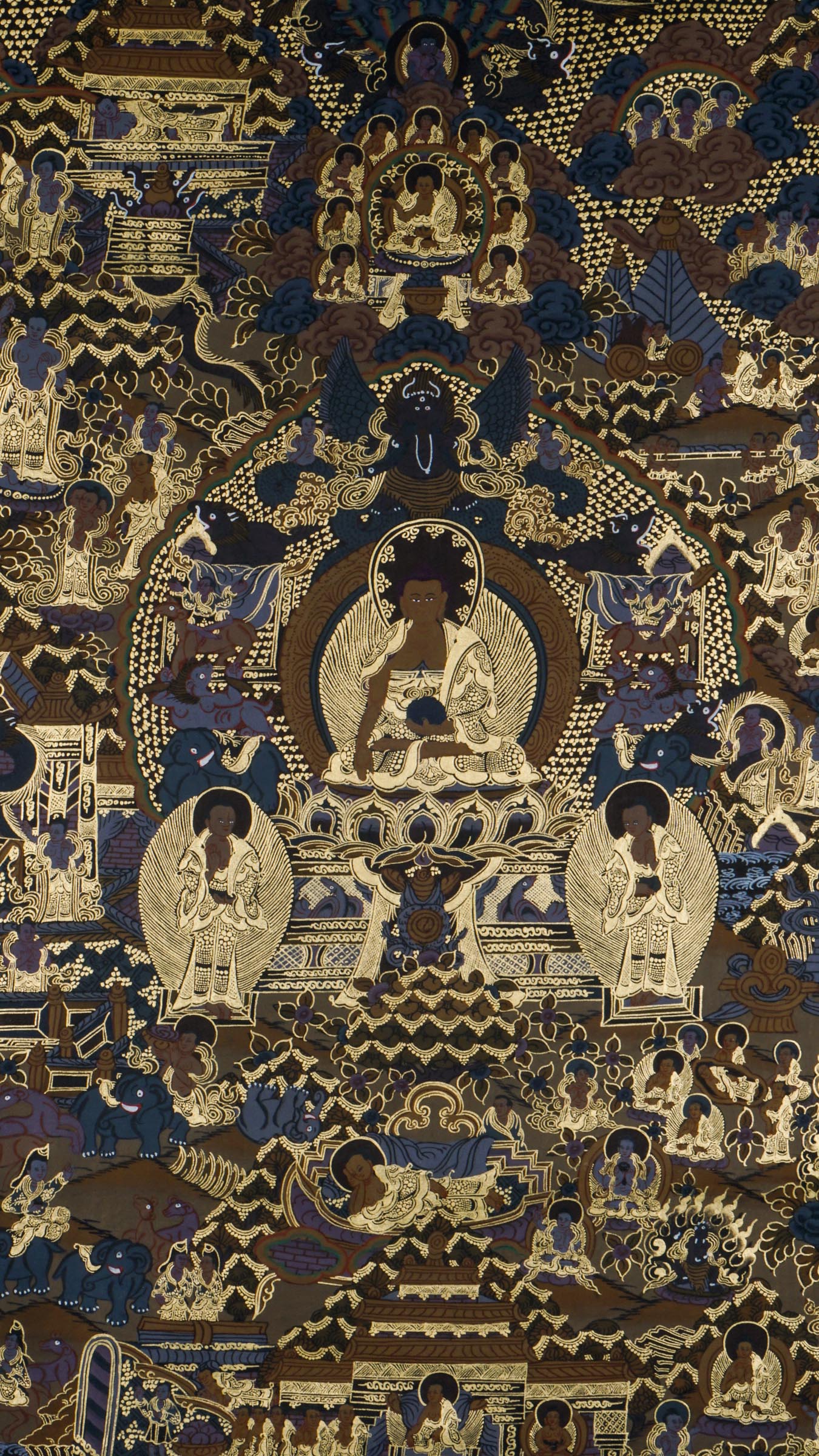 This genuine Tibetan Buddhist Thangka beautifully illustrates Buddha’s journey from birth to enlightenment. Featuring sacred scenes like the Great Departure and Bodhi Tree meditation, this hand-painted artwork supports spiritual practice, mindfulness, and Buddhist home decor.
