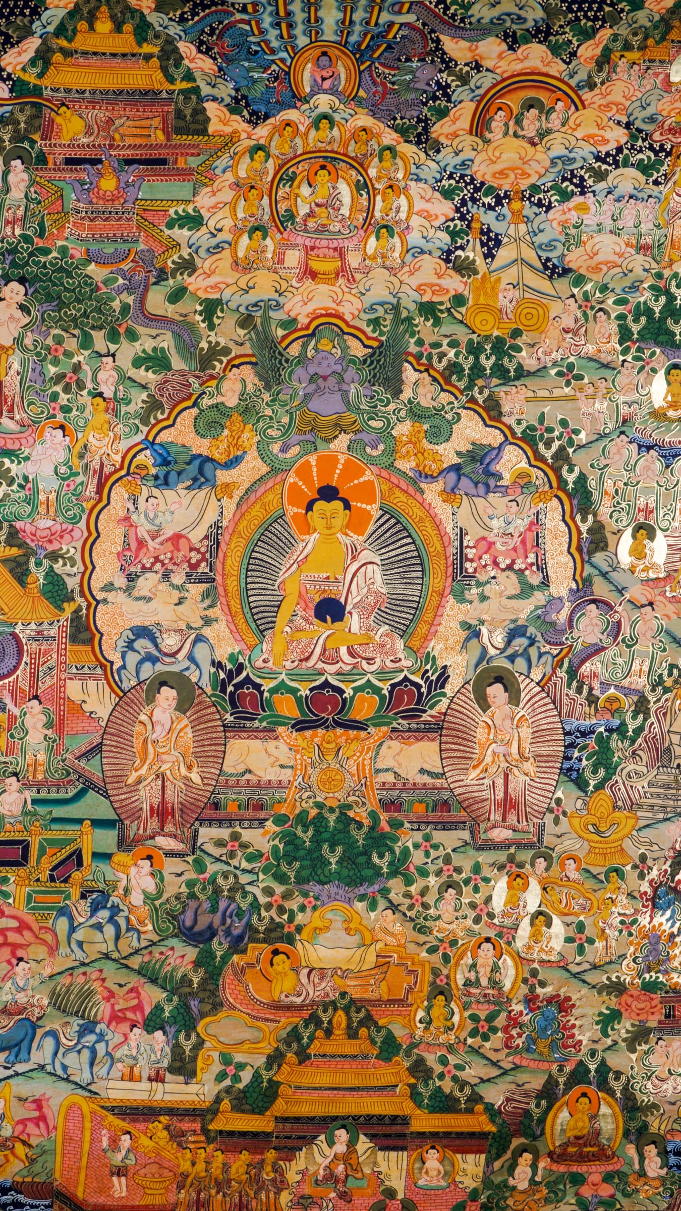 This genuine Tibetan Buddhist thangka shows the key moments of Buddha’s life, from his great departure to enlightenment and teachings. Hand-painted using natural pigments, it is both sacred art and a visual guide for meditation and spiritual reflection.