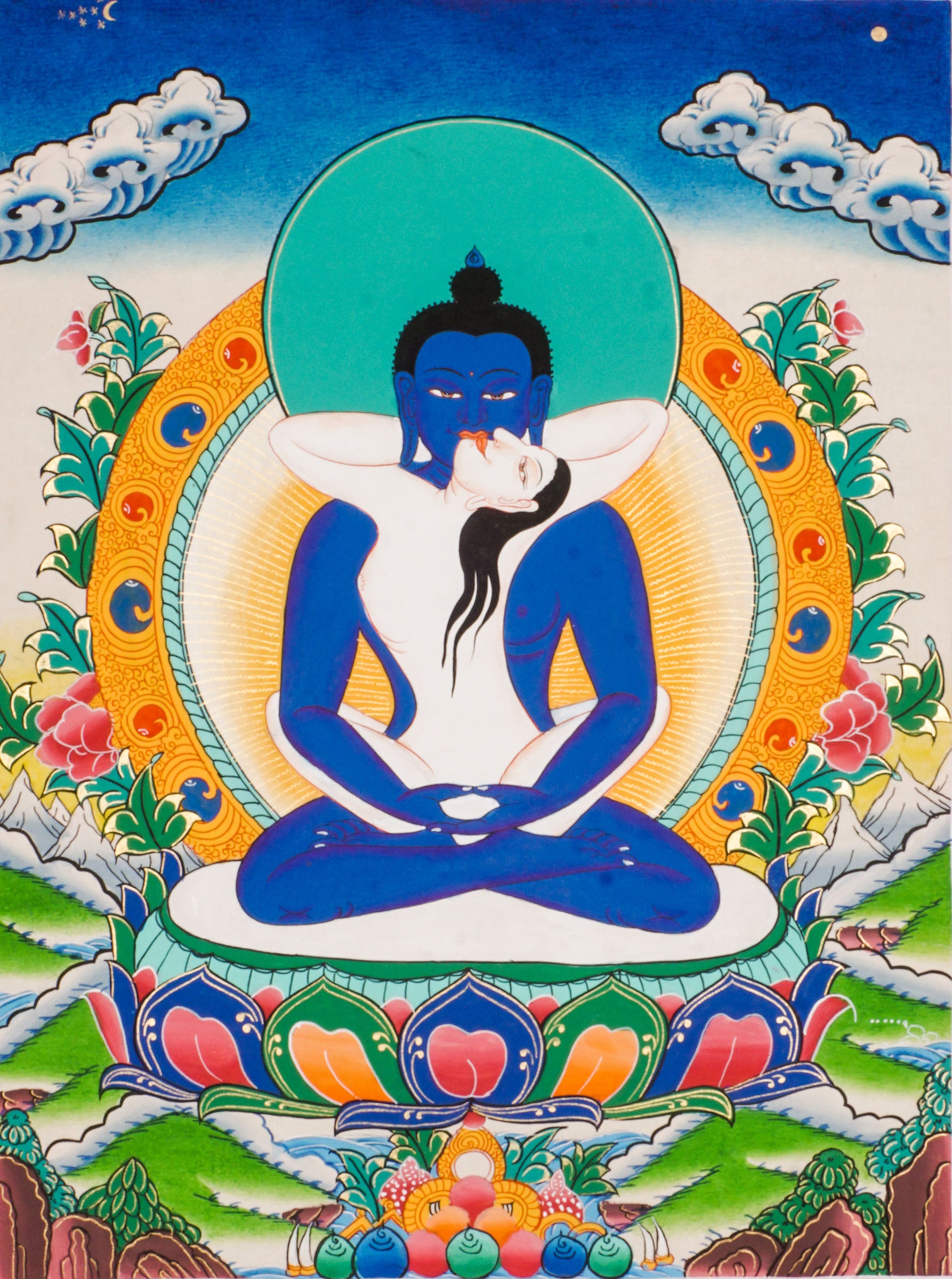 Buddha Shakti Thangka - a sacred Tibetan artwork of buddha shakti with his consort in the Yab-Yum form.