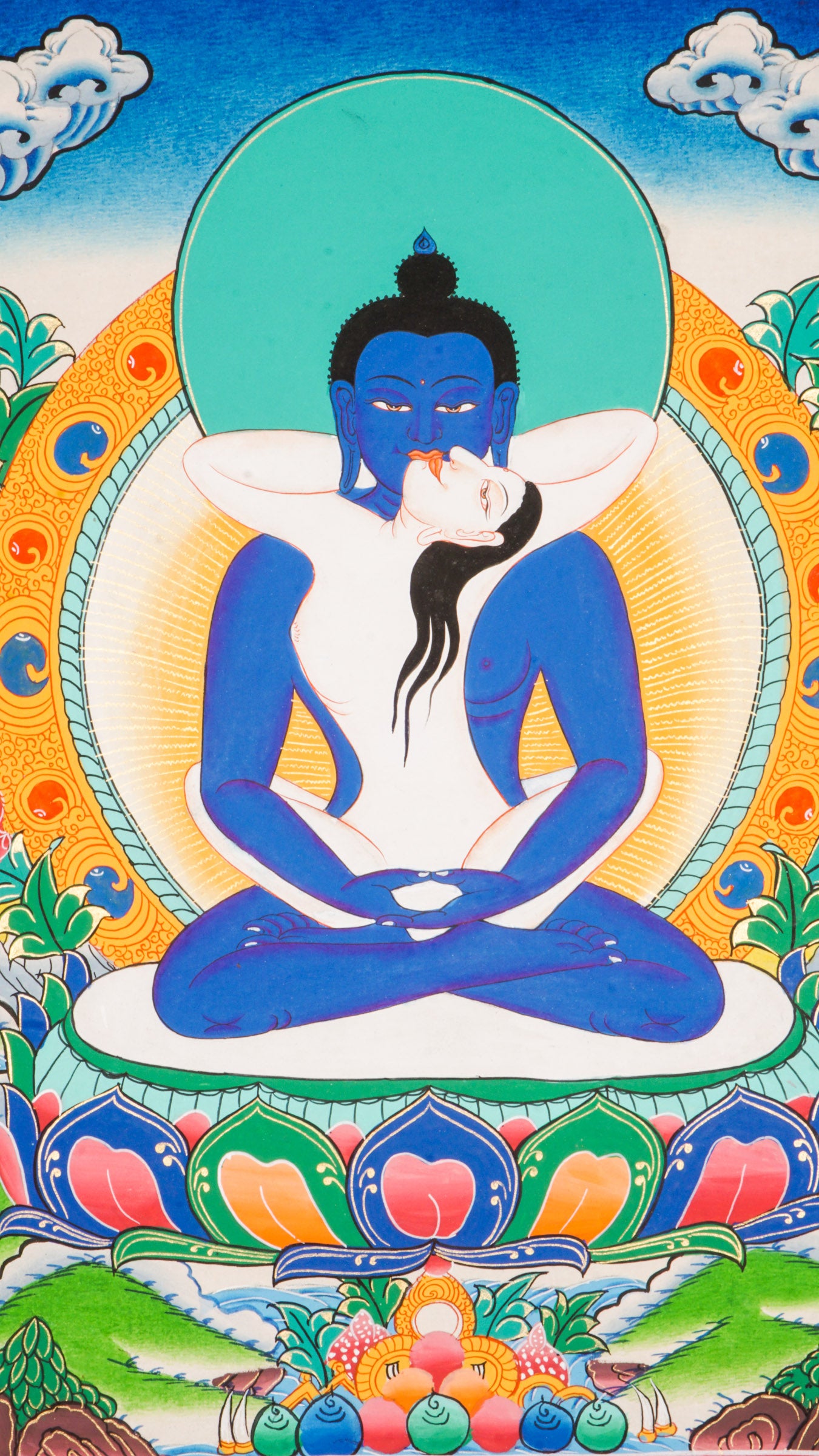 Buddha Shakti Thangka - a sacred Tibetan artwork of buddha shakti with his consort in the Yab-Yum form.