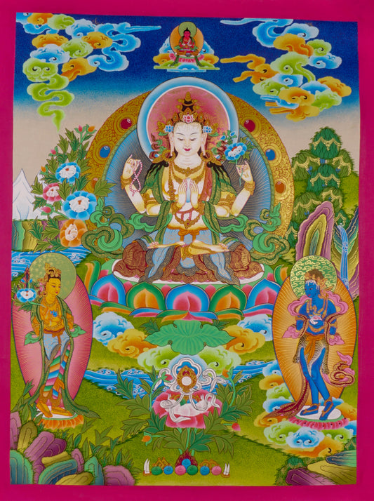 Tibetan hand crafted Thangka paint of Chengresi, a spiritual art for religious practices.