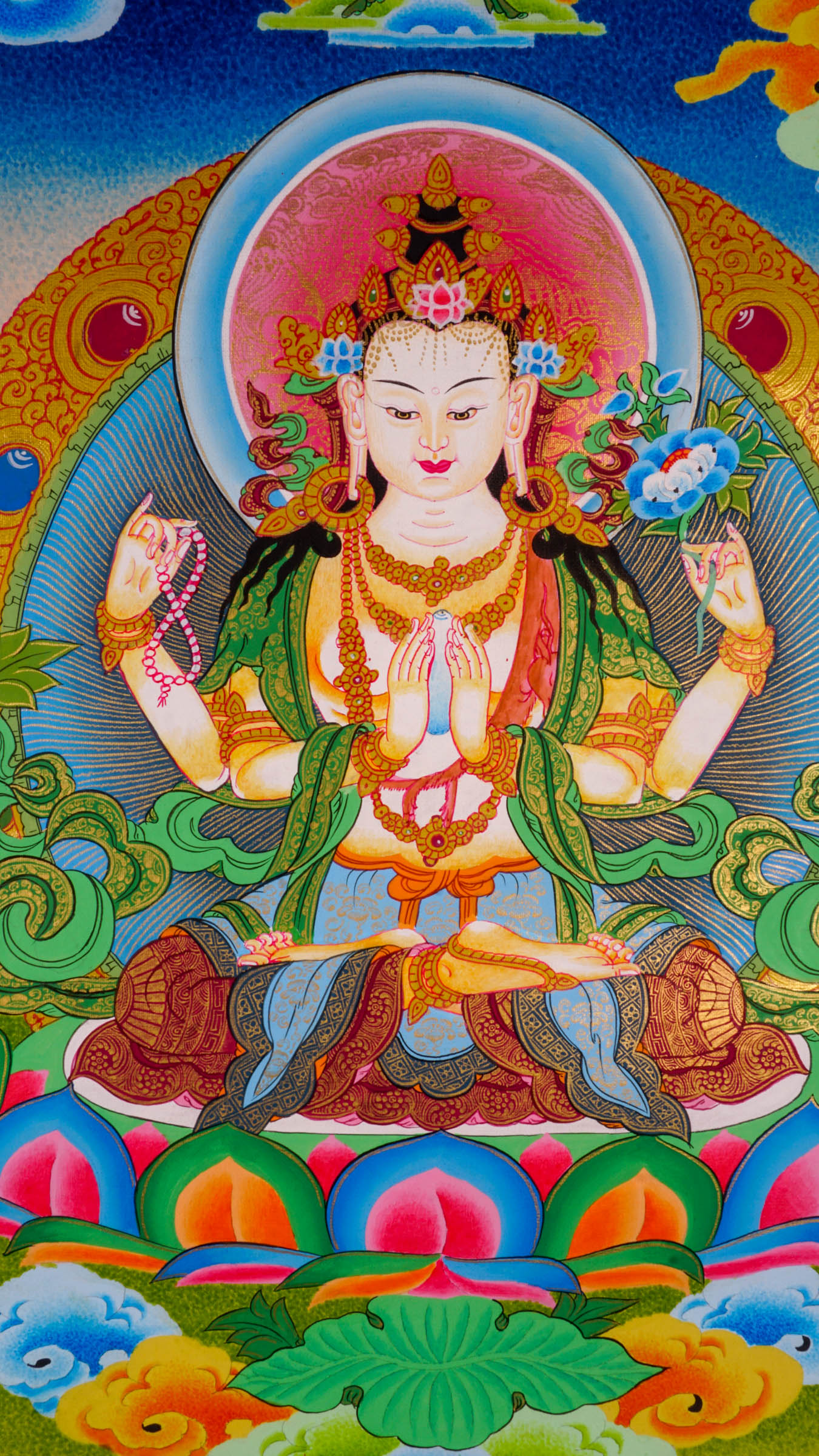 Tibetan hand crafted Thangka paint of Chengresi, a spiritual art for religious practices.