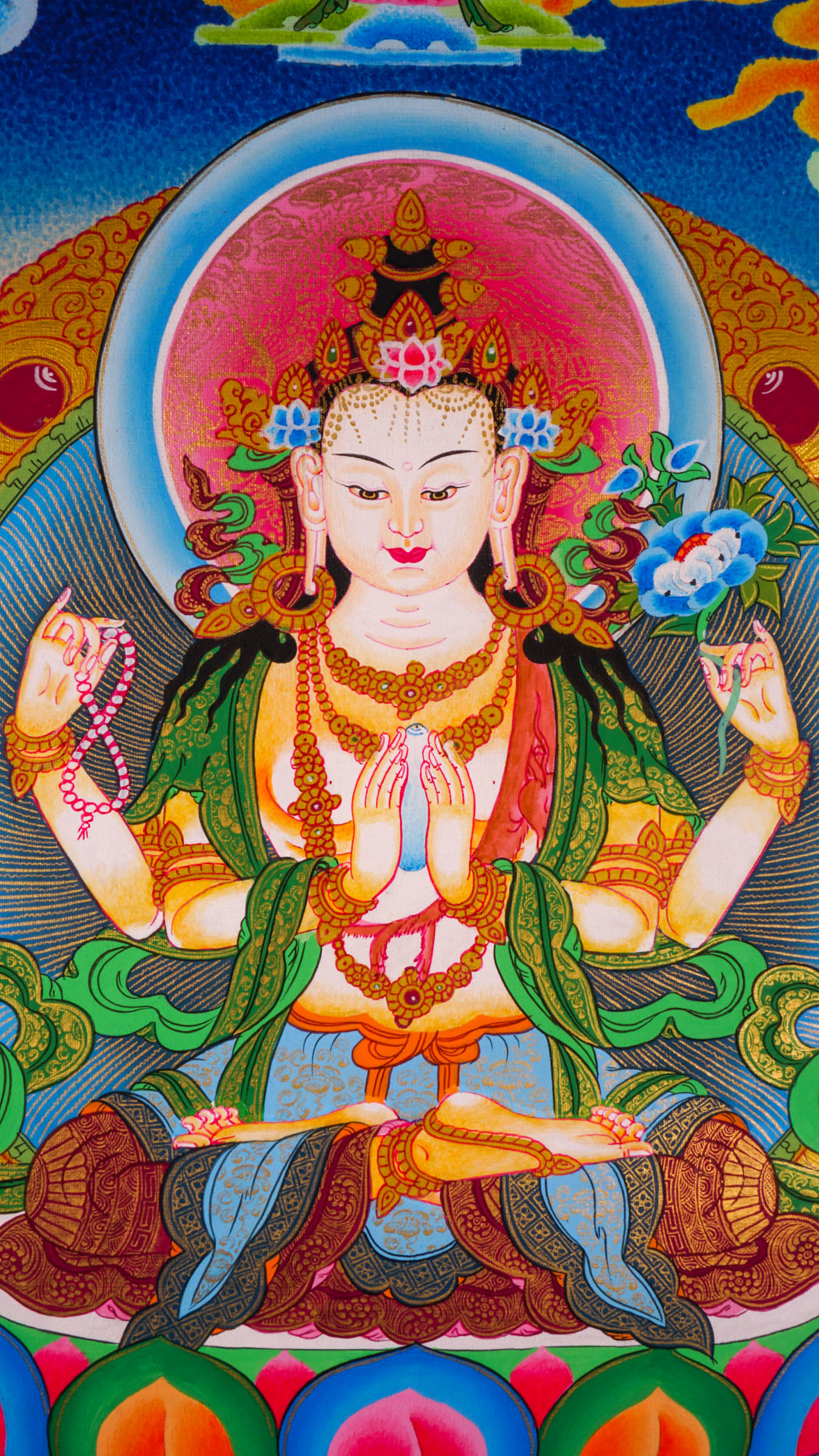 Tibetan hand crafted Thangka paint of Chengresi, a spiritual art for religious practices.